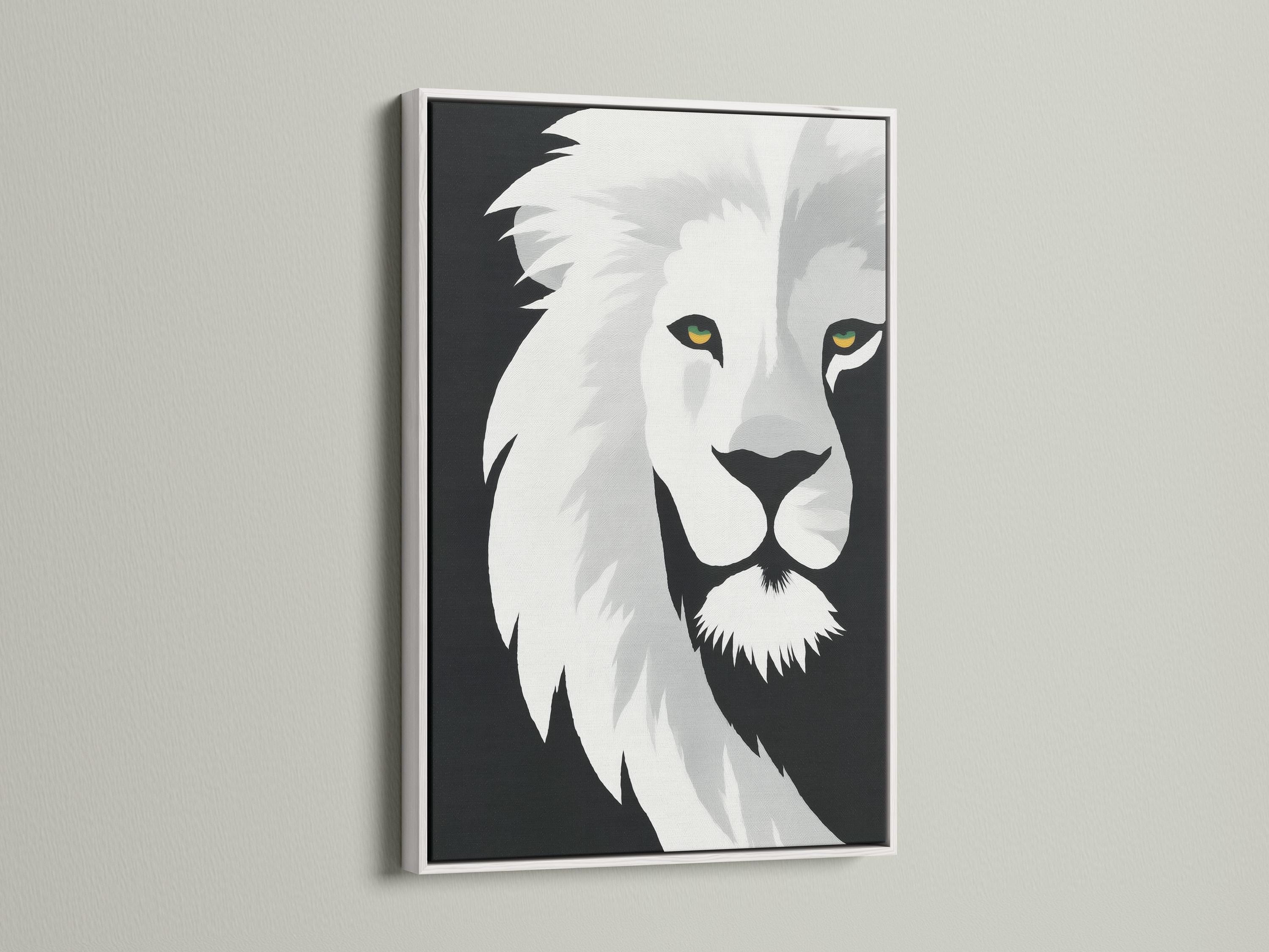 Monochrome lion portrait artwork with stylised mane and yellow-green eye highlights detail view