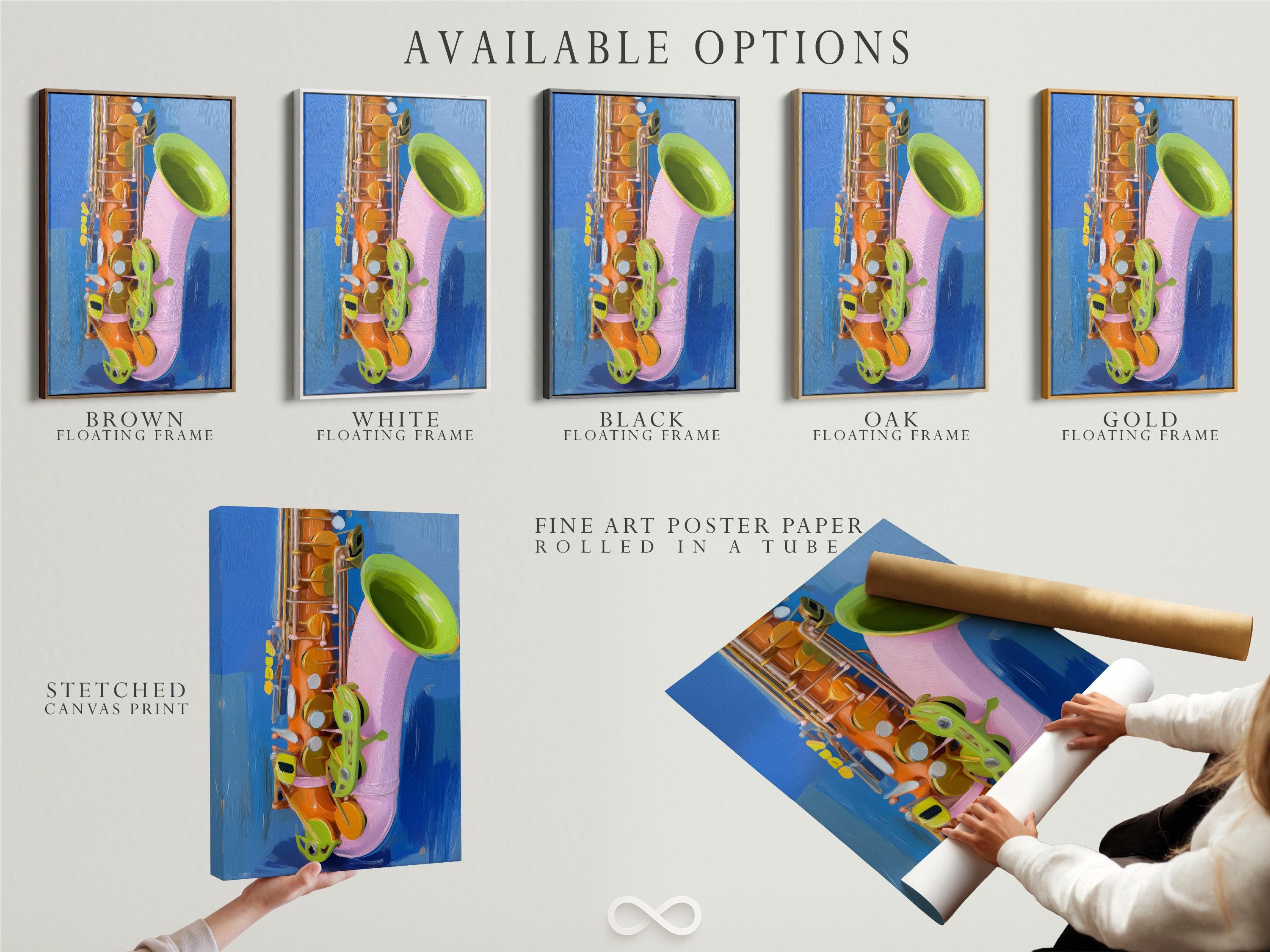Abstract saxophone illustration with deep blue background, orange, green and pink accents detail view