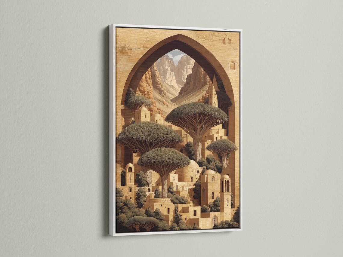 Desert oasis architecture scene with a central arch framing mountains, domes and dark tree canopies detail view