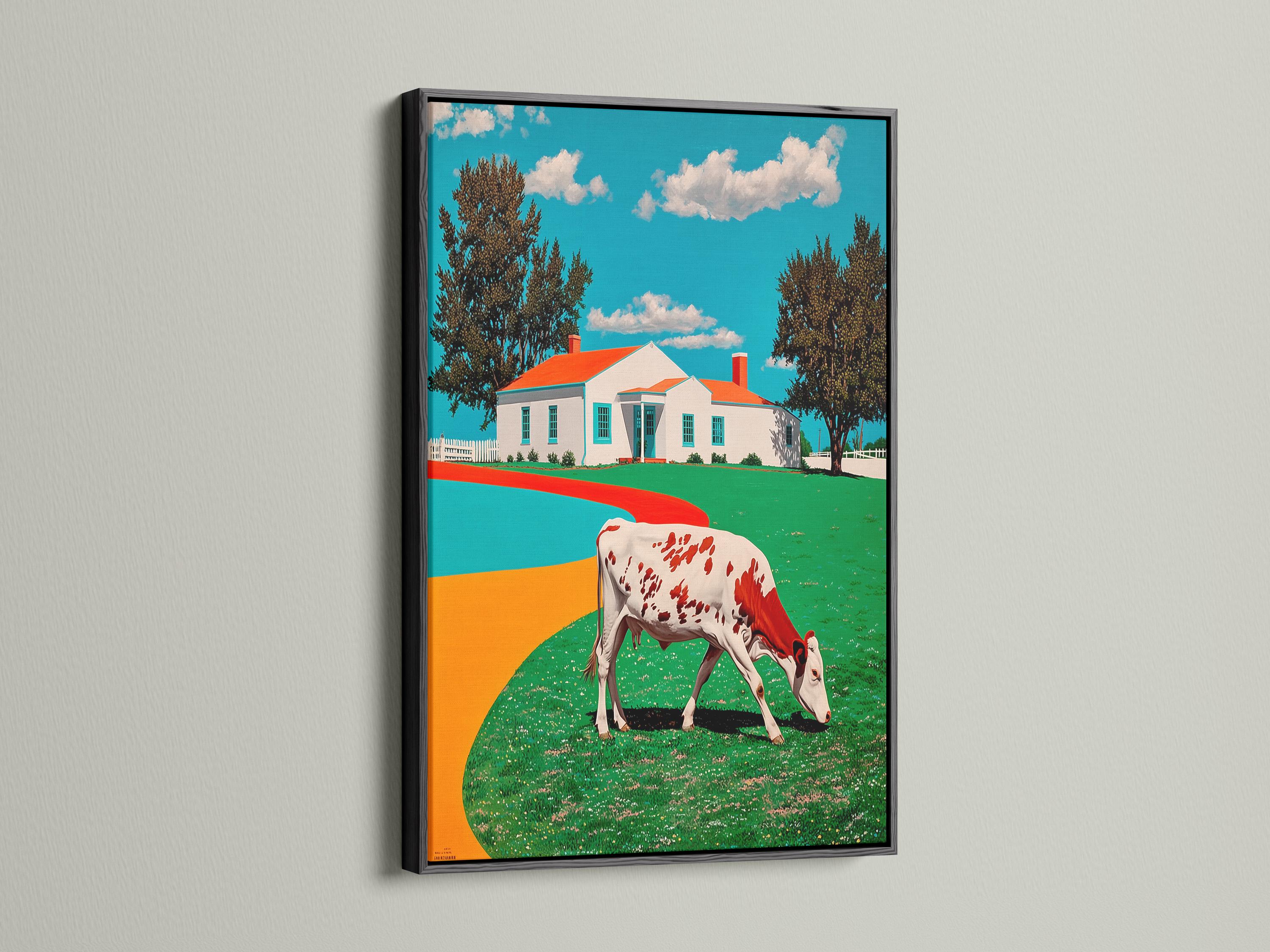 Red and white cow standing in front of a colourful farmhouse countryside illustration detail view
