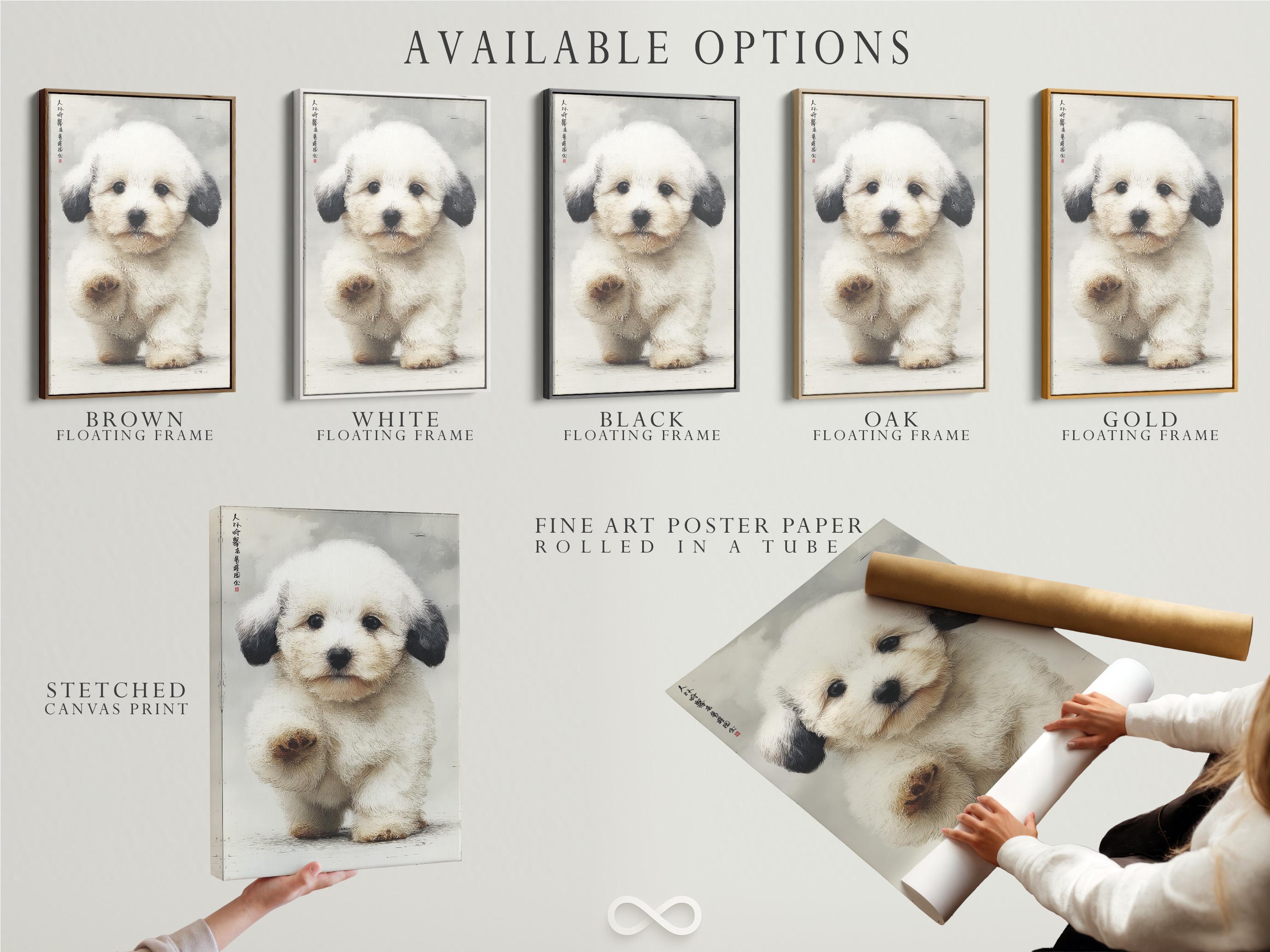 Textured cream puppy portrait with dark ears and faint characters in the top-left detail view