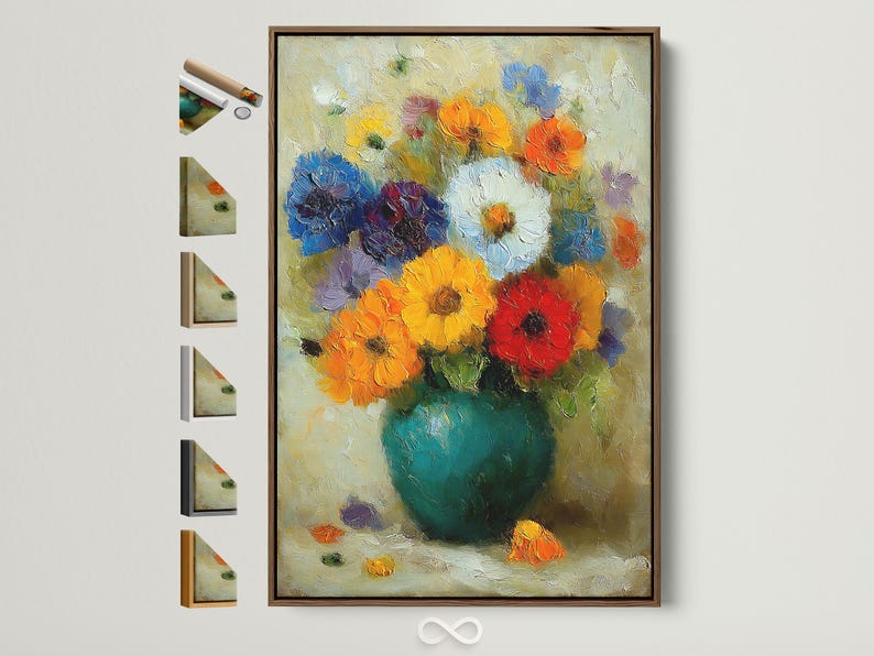 Painterly impressionist bouquet of multicoloured flowers on a creamy textured background