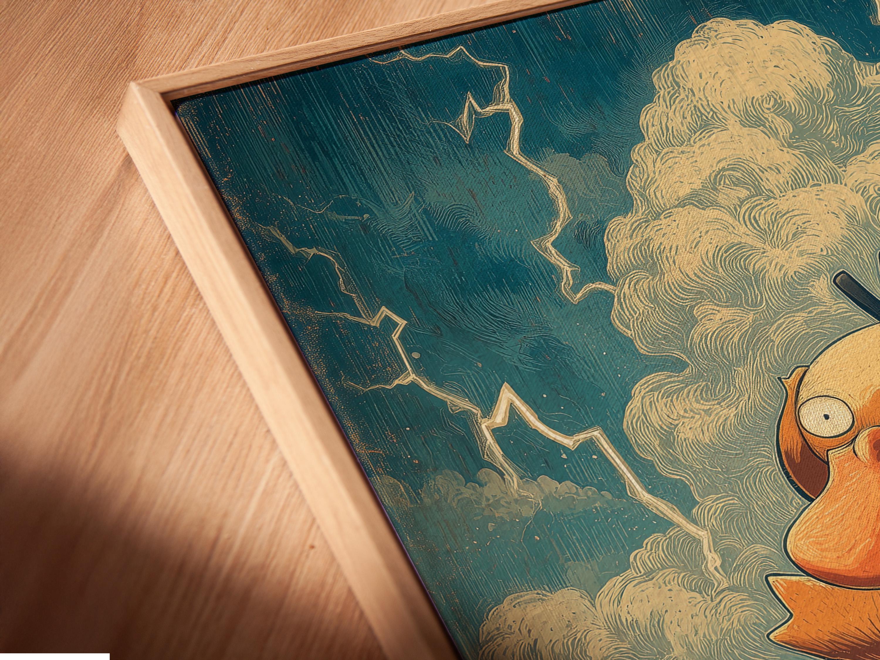 Room mockup showing a framed artwork of a duck in foamy ocean waves
