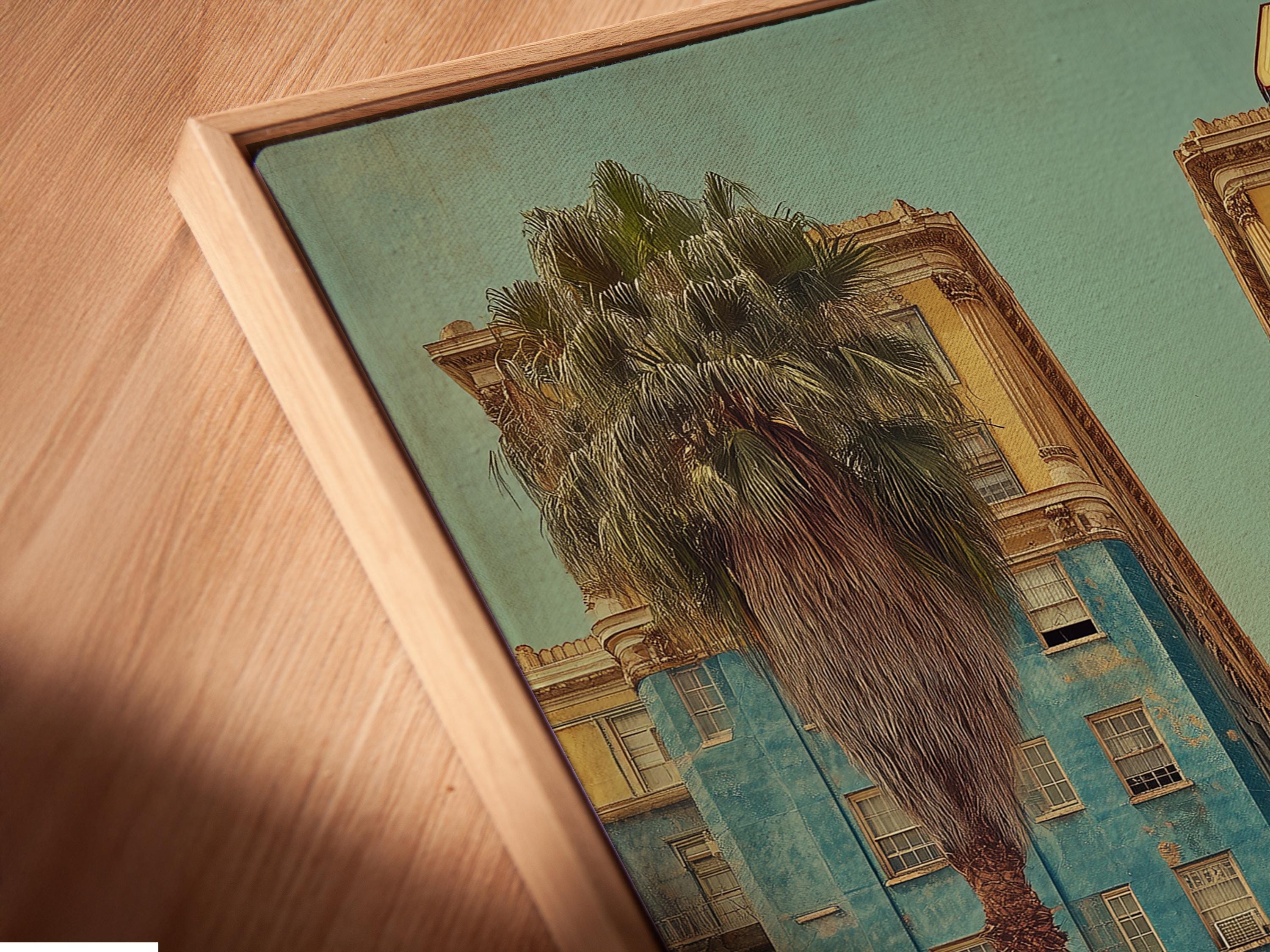 Retro hotel architecture scene with palm trees and large “404” numbers detail view