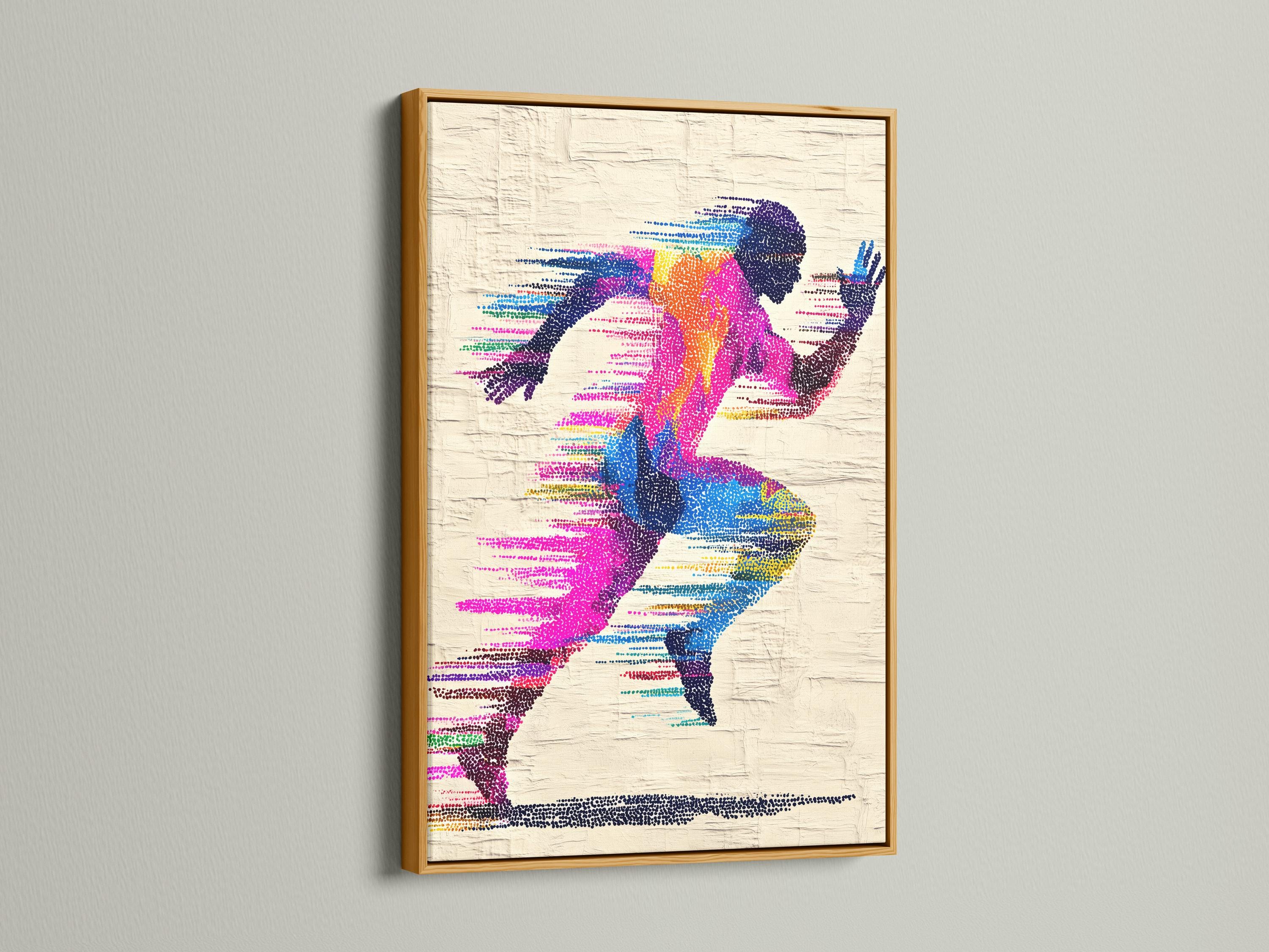 A colour-dotted silhouette of a runner stretches across a textured off-white background, with flowing striped motion lines in bright magenta, blue