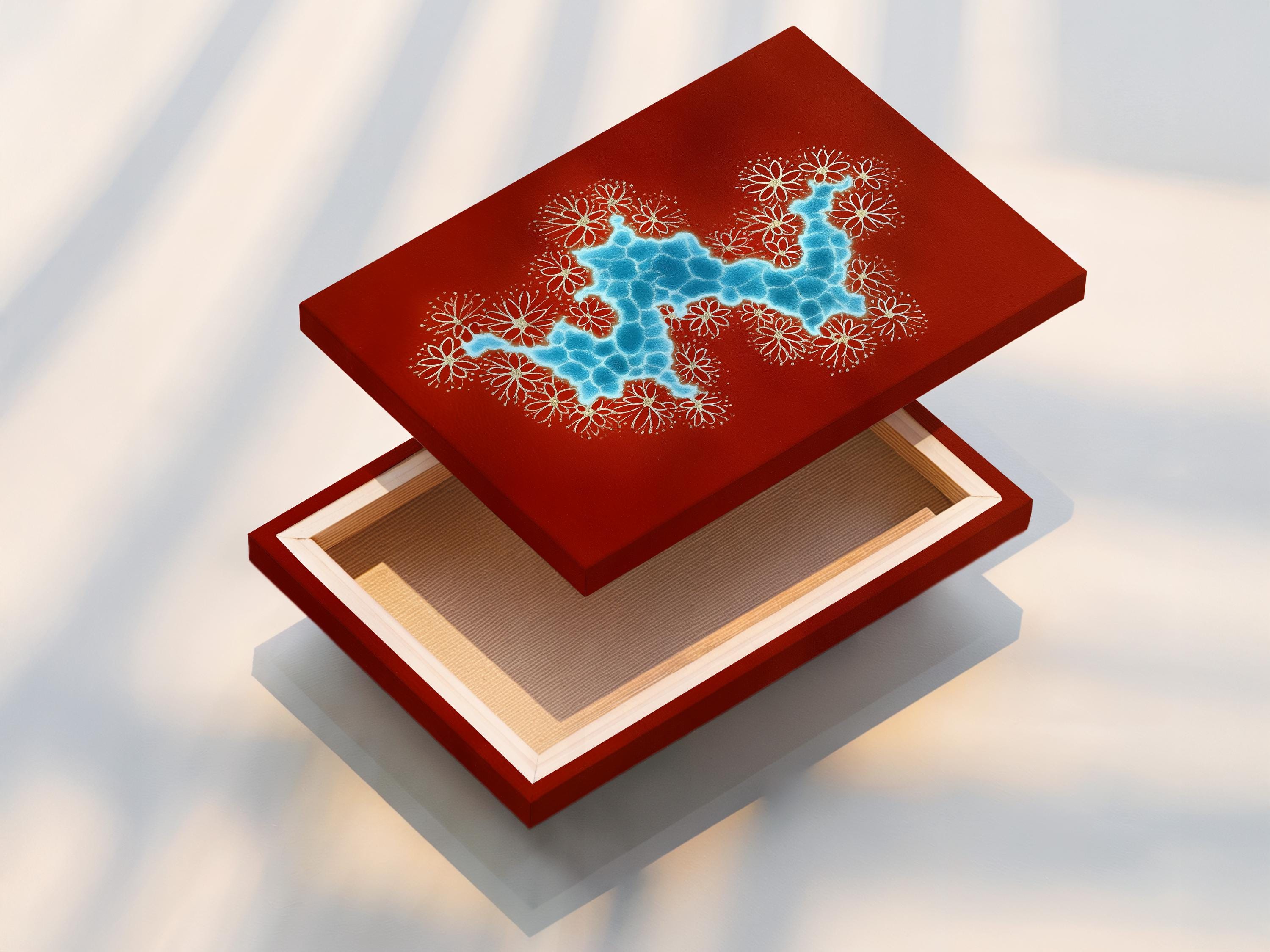 Wall mockup showing framed red abstract river artwork with blue water shape and white flowers