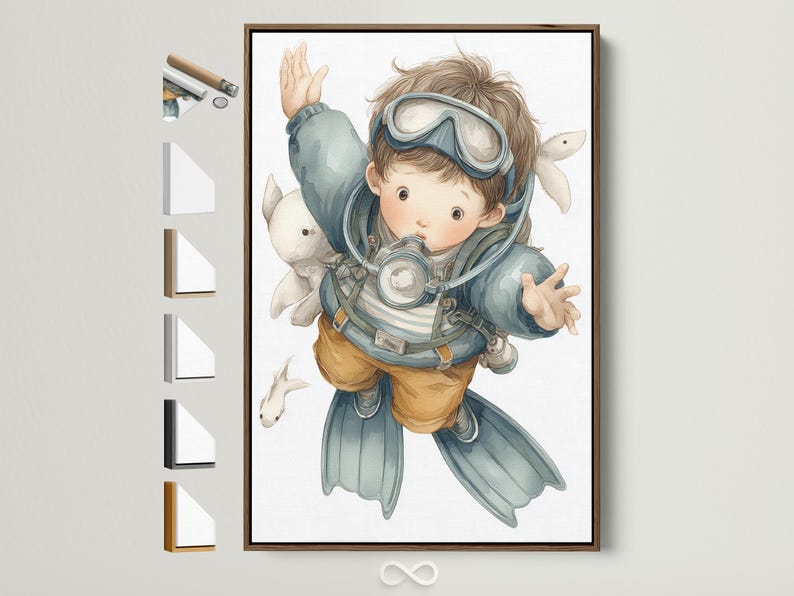 Scuba diving boy illustration with underwater fish floating around him