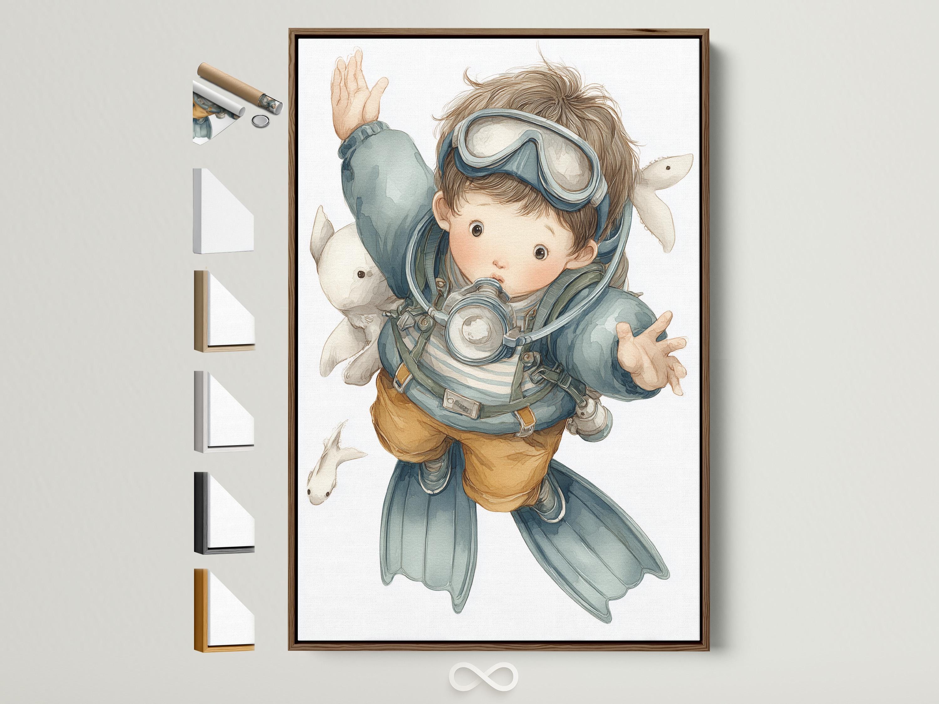 Scuba diving boy illustration with underwater fish floating around him