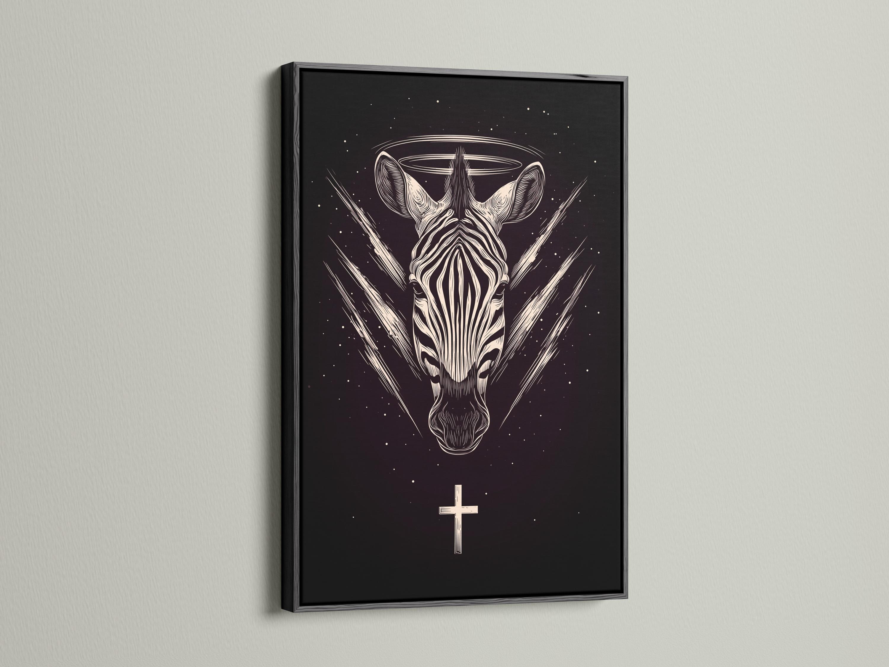 Stylised zebra head in off-white linework on a dark starry background with a halo ring and cross detail view