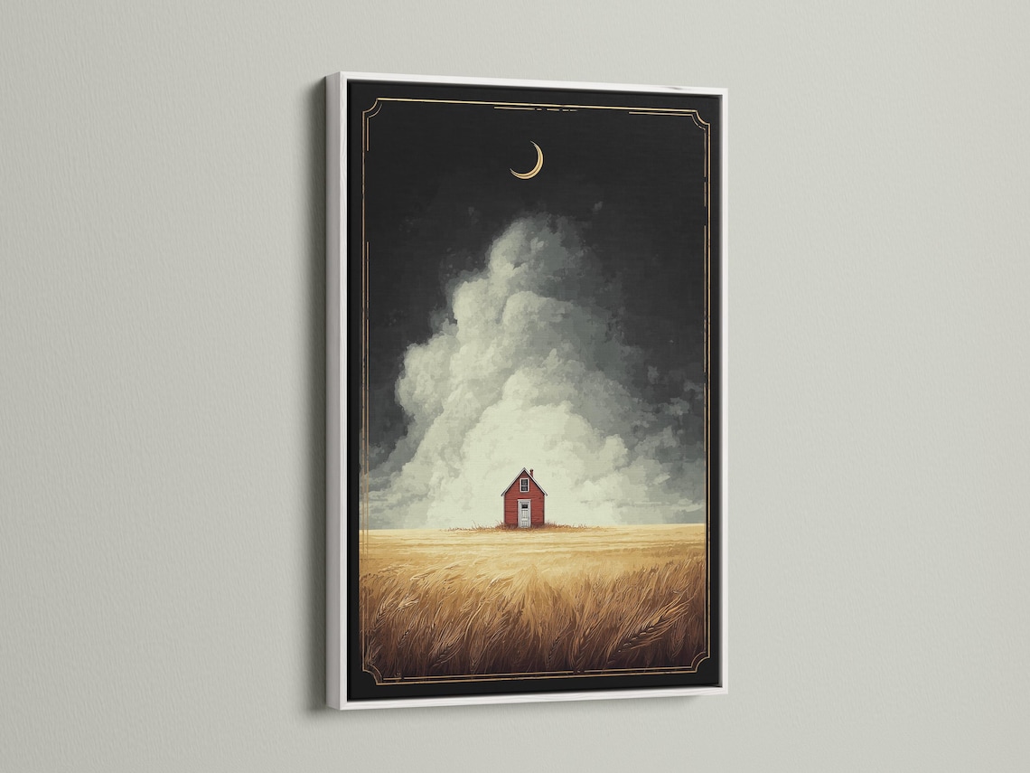 Framed landscape mockup showing a red barn in a golden wheat field under a cloudy dusk sky