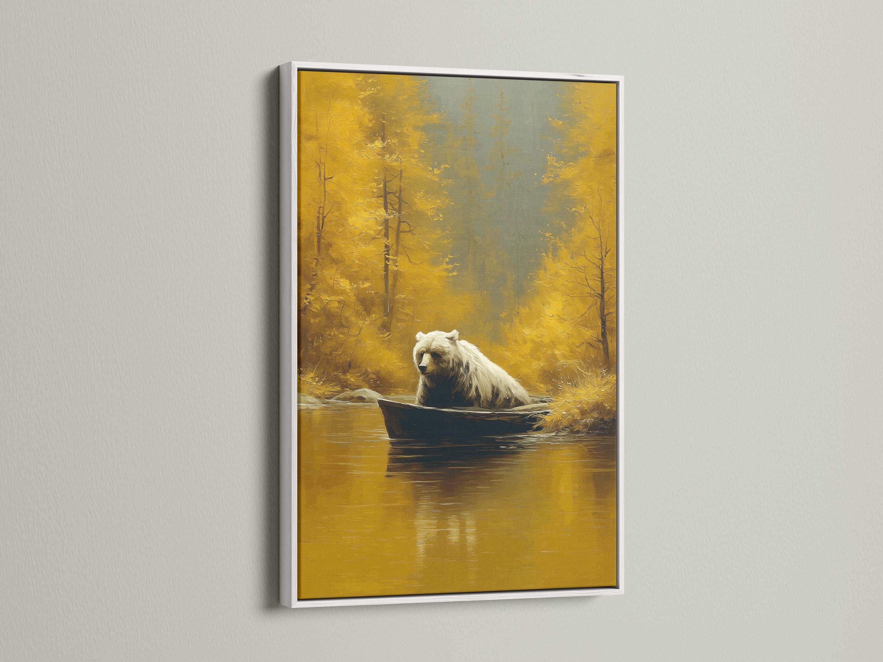 Wall mockup showing a framed bear-in-boat artwork against a light background