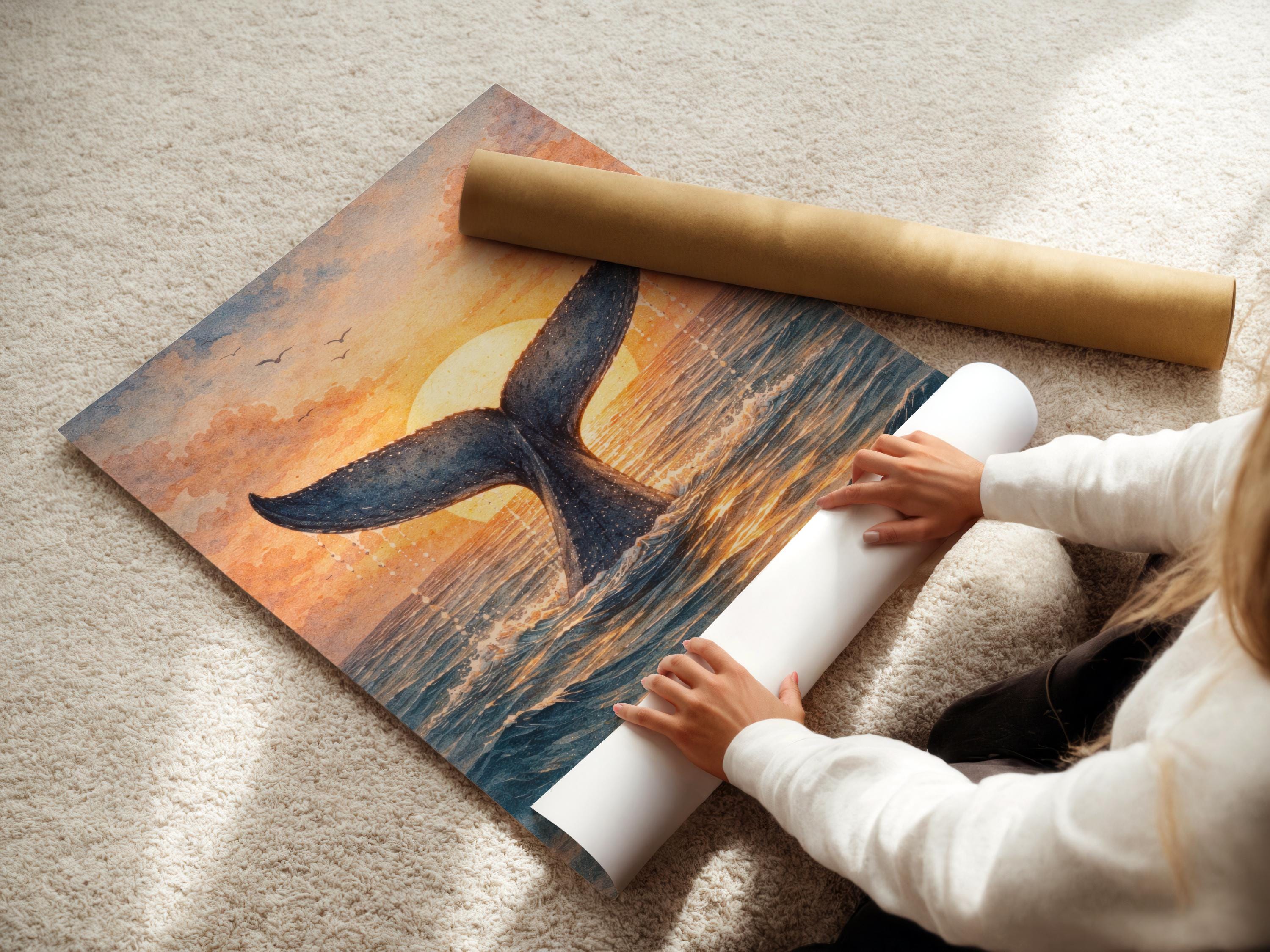 Whale tail sunset artwork hanging in a coastal cafe setting with signs and shelves