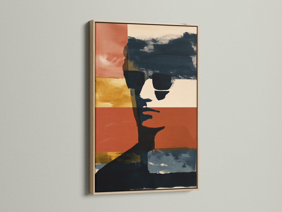 Abstract portrait silhouette with terracotta, cream and navy colour bands detail view