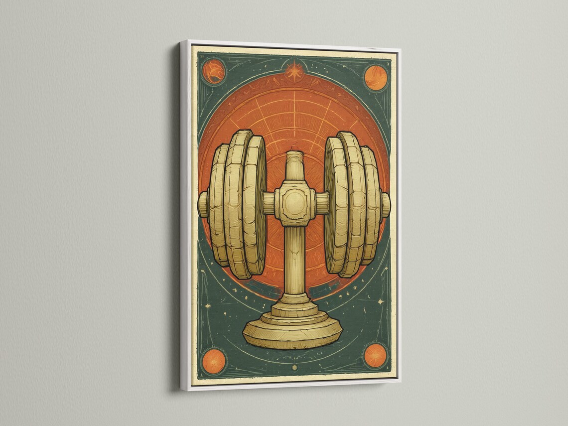 Framed gold dumbbell artwork shown on a wall with other matching pieces