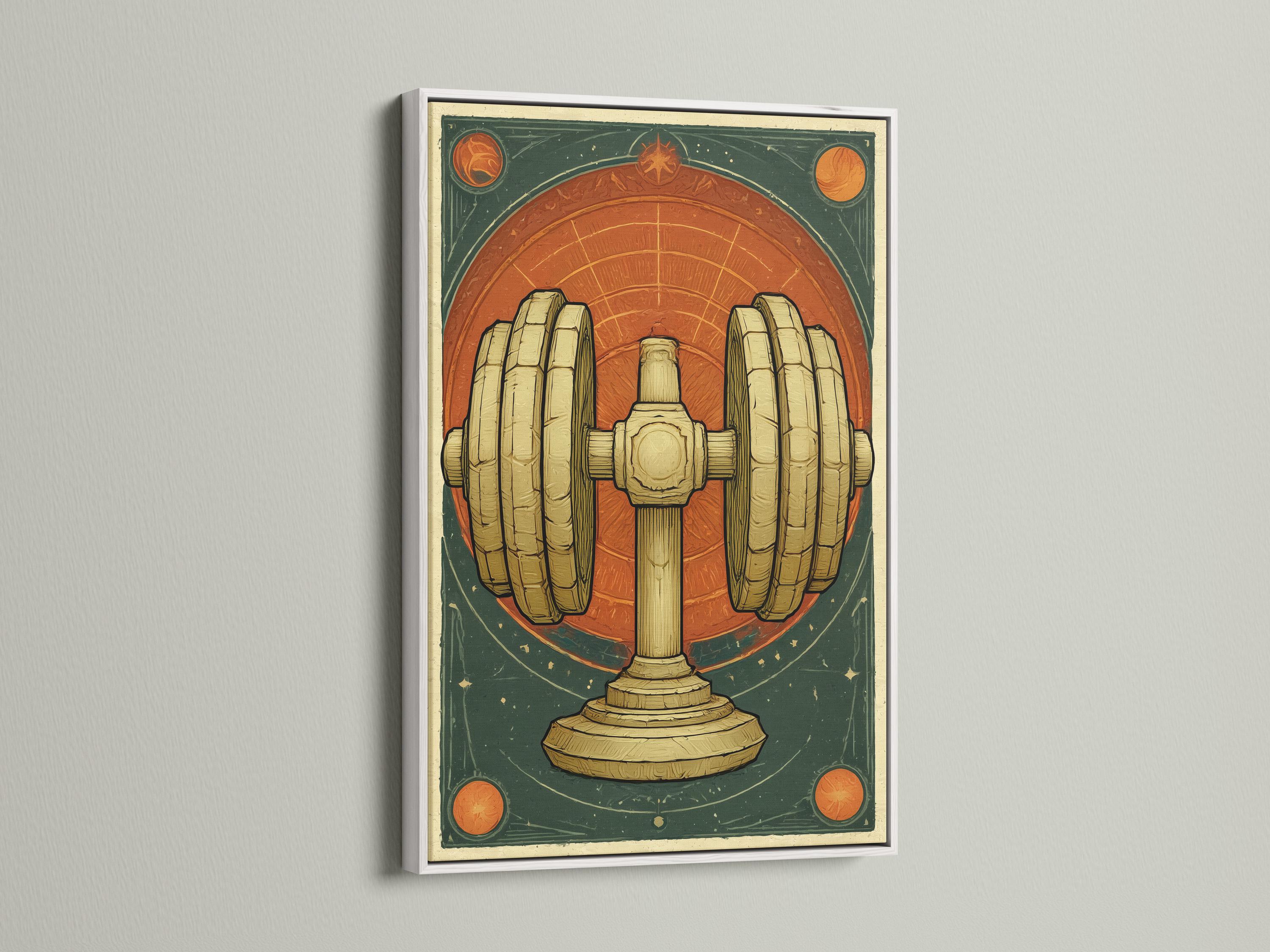 Framed gold dumbbell artwork shown on a wall with other matching pieces