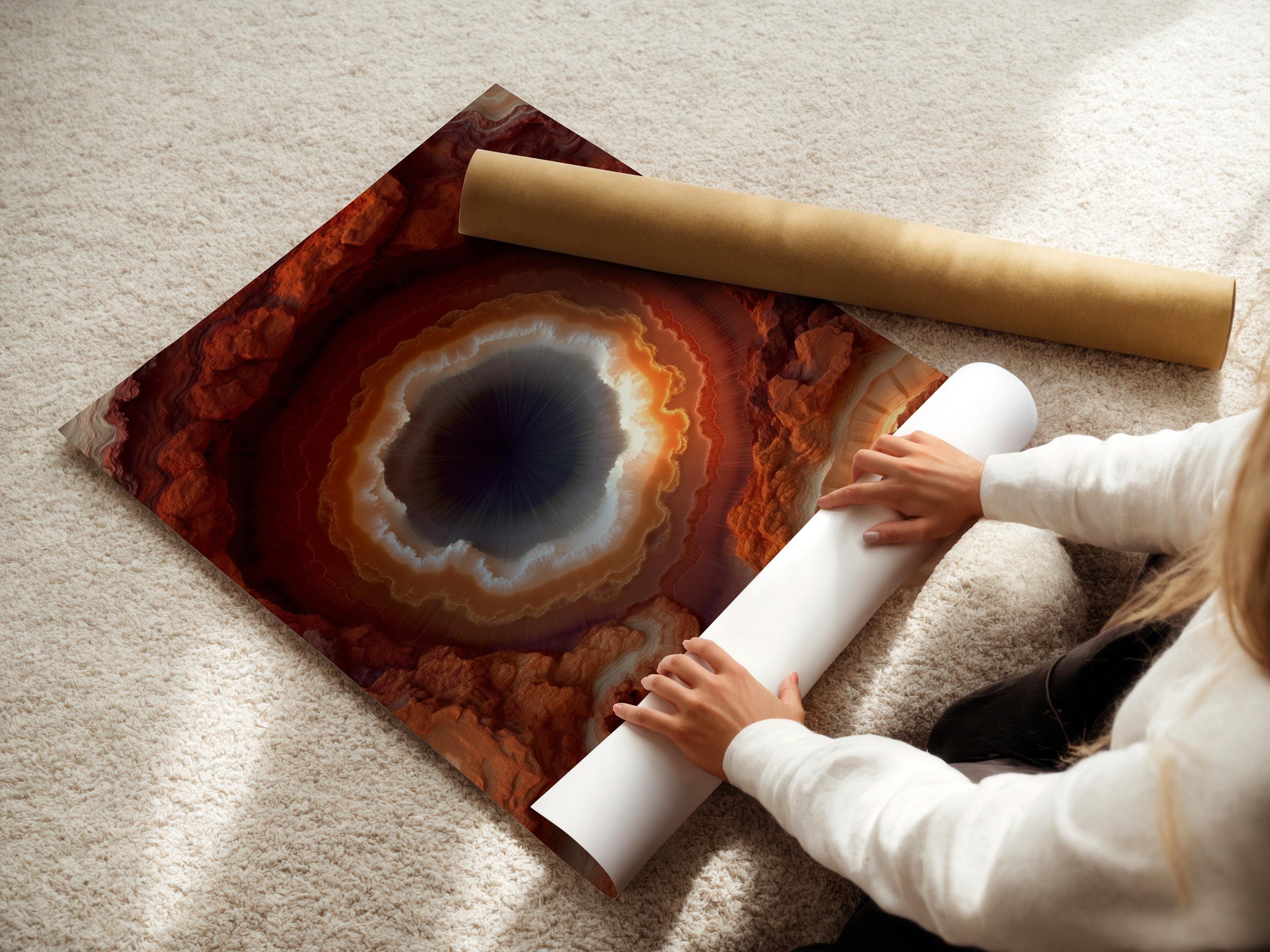 A rust orange geode-like abstract design shows a bright glowing ring around a dark centre, surrounded by marbled stone textures detail view