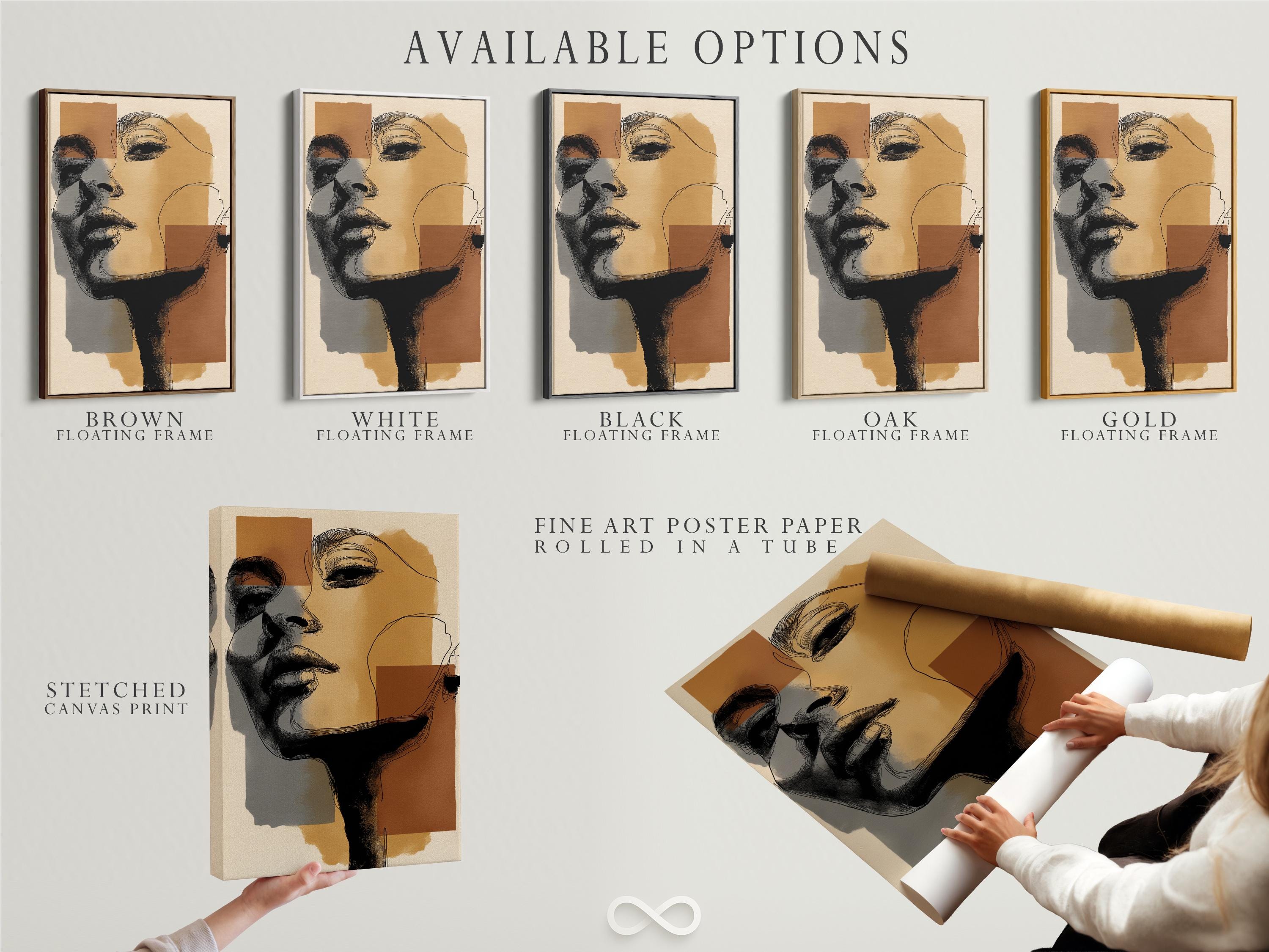 Room mockup showing a framed minimalist abstract face artwork with neutral earth-tone blocks