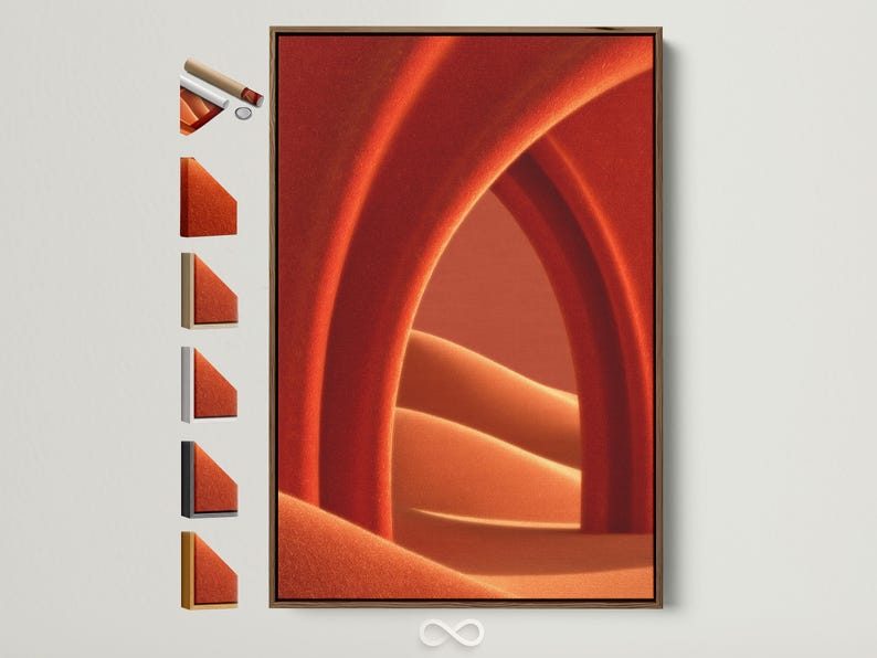 Warm burnt orange abstract arch with copper glow and deep red geometric shadows