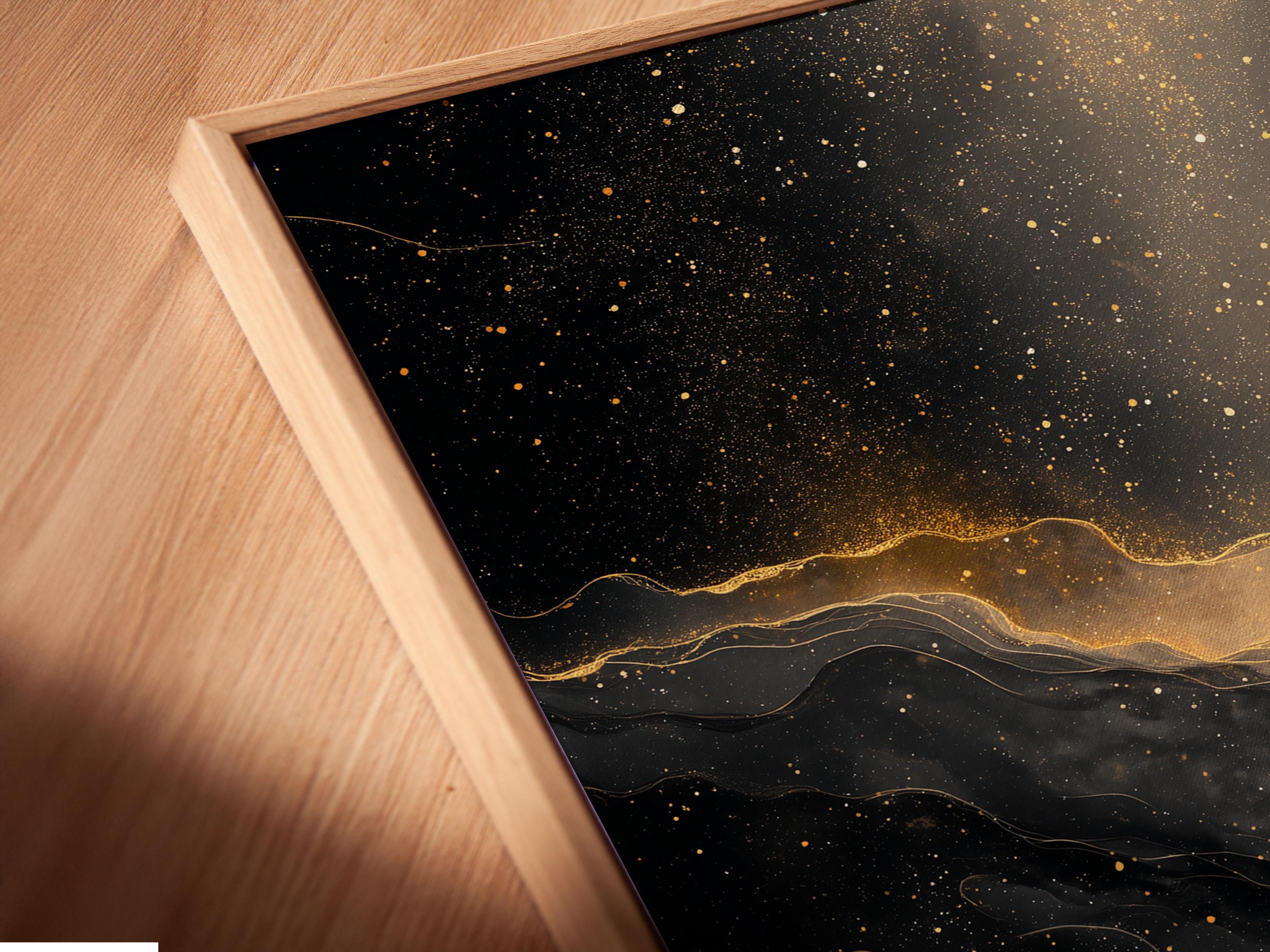Black and gold abstract artwork with glowing vein-like lines and sparkling speckles detail view
