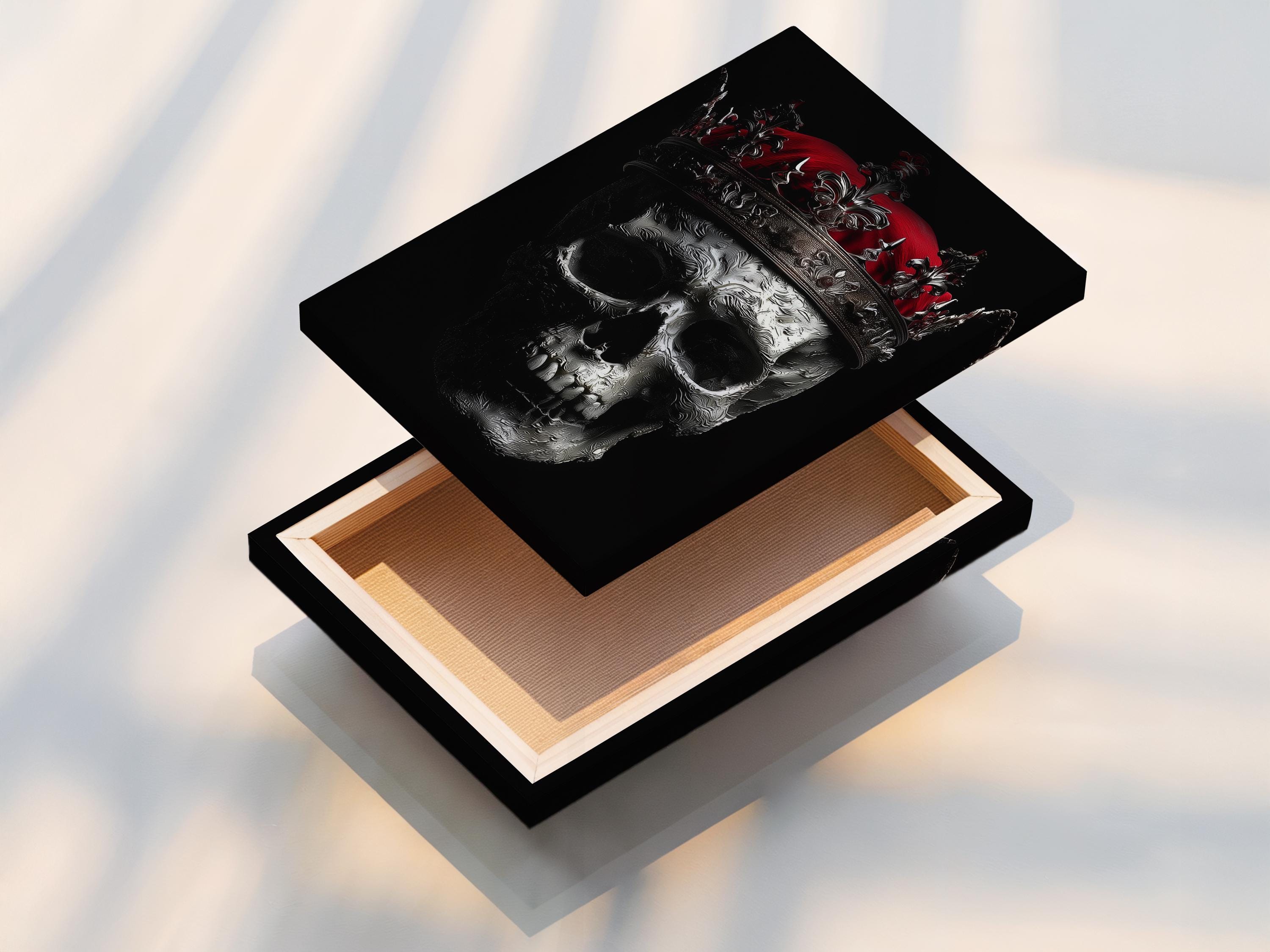 Dark gothic skull wall art mockup with ornate crown and red moon
