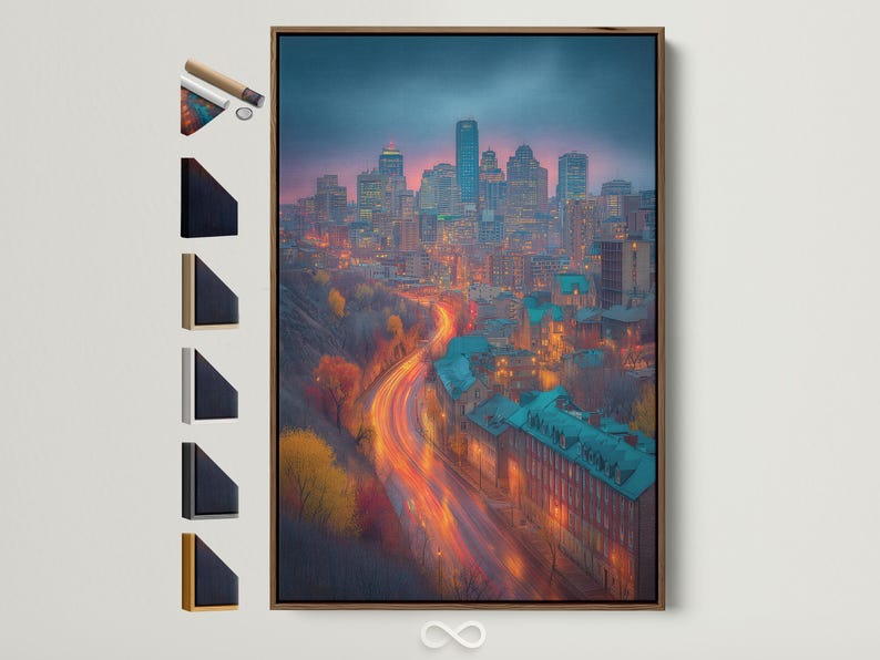 Teal and orange dusk city skyline with glowing curved road lights