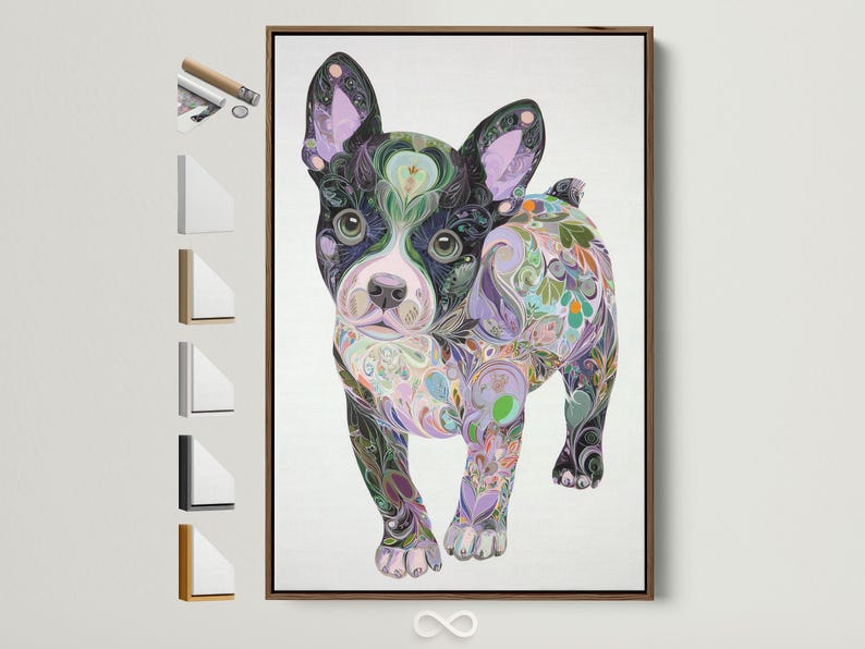 Stylised dog portrait filled with swirling floral patterns in purple, green and pink on a light background