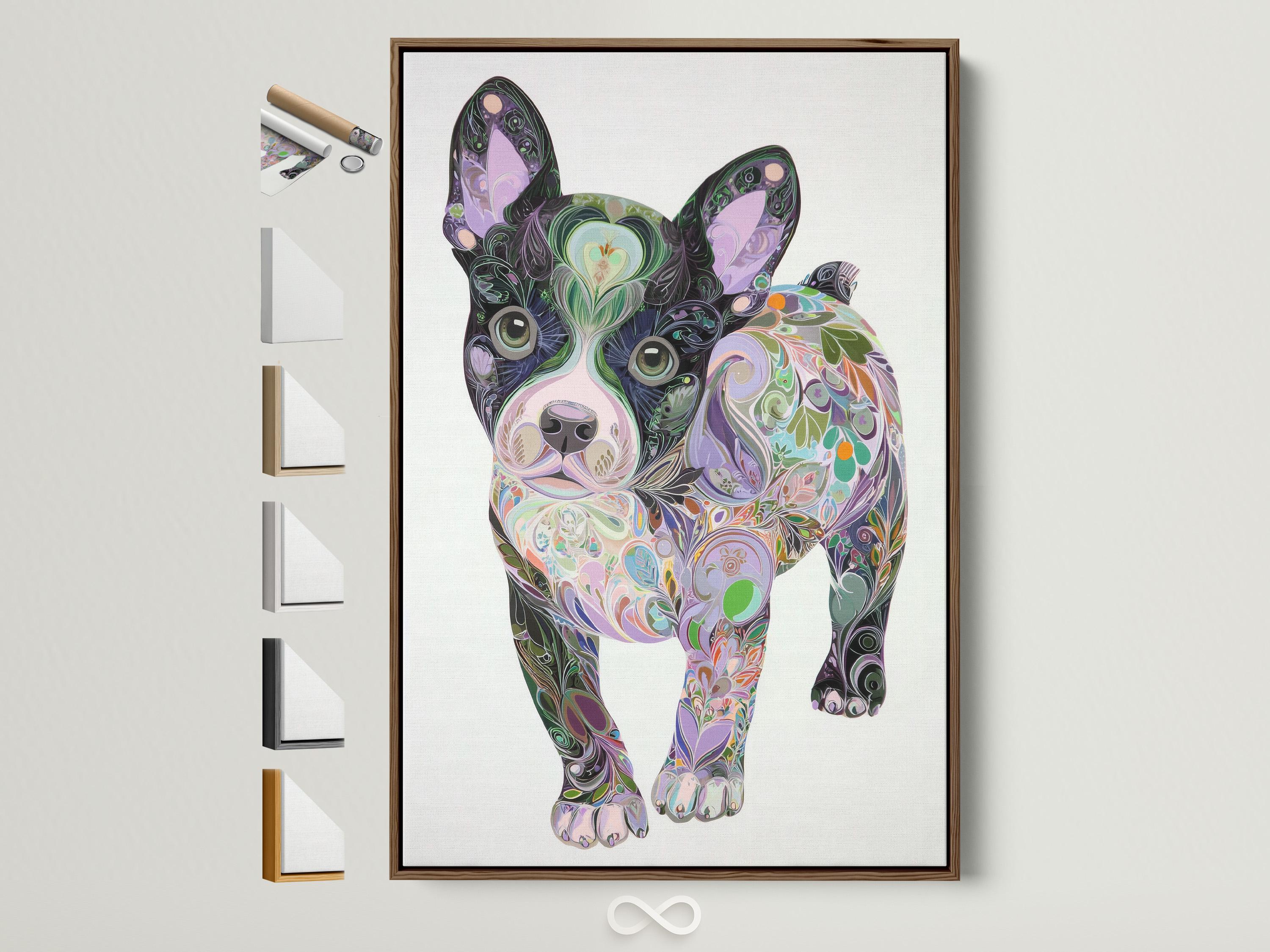 Stylised dog portrait filled with swirling floral patterns in purple, green and pink on a light background