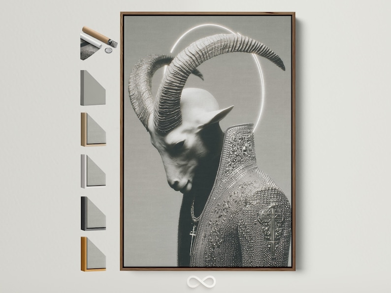 Monochrome horned figure portrait with a glowing halo ring and ornate patterned cloak