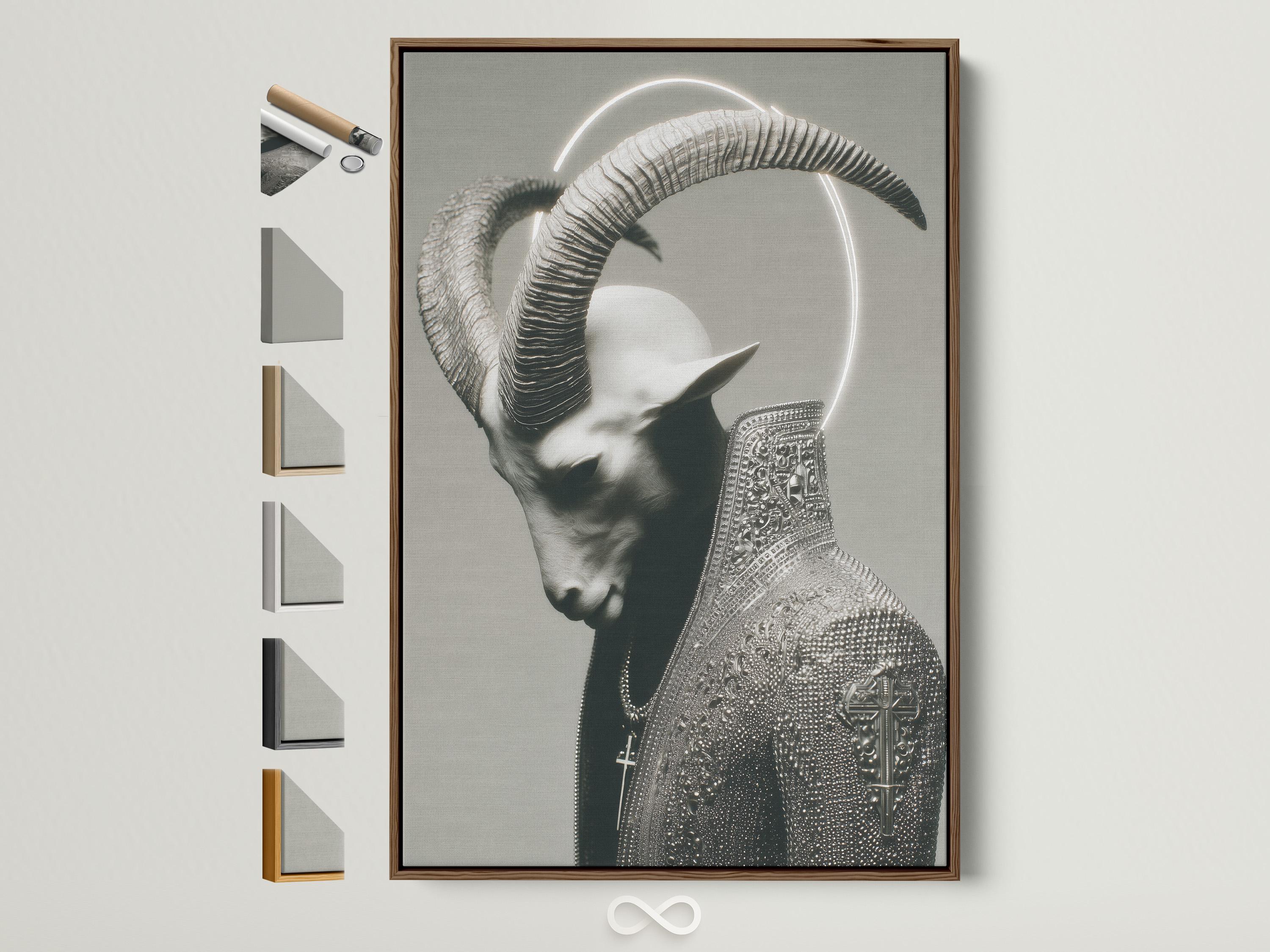 Monochrome horned figure portrait with a glowing halo ring and ornate patterned cloak