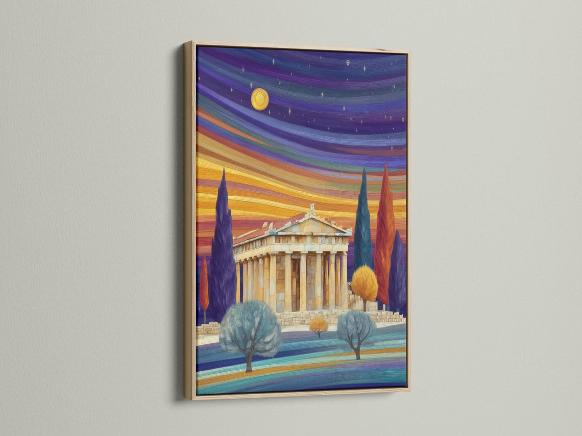 Stylised ancient temple scene with purple and gold sunset sky, stars, and cypress-like trees detail view