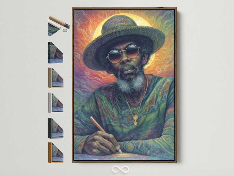 Stylised portrait of a man wearing a wide-brimmed hat and round glasses with a warm glowing halo background