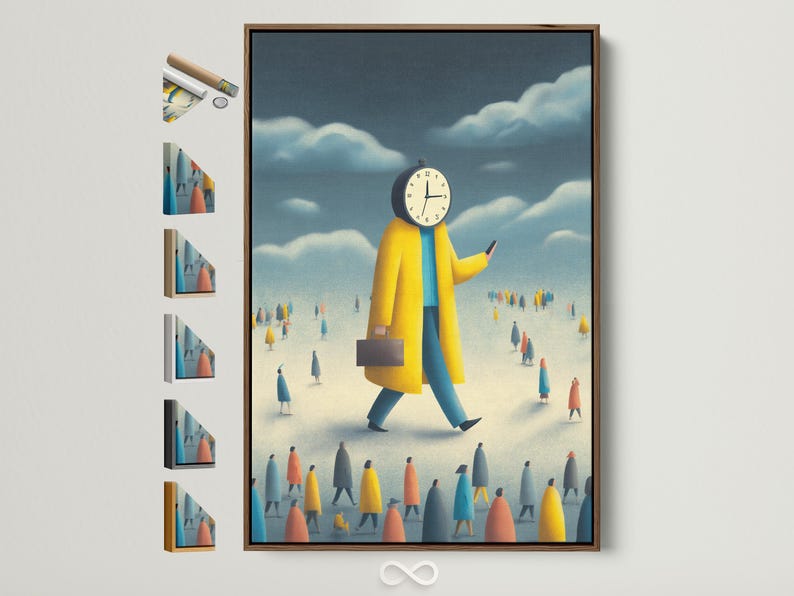 Clock-headed figure in yellow and blue walking through a crowd under a cloudy blue sky