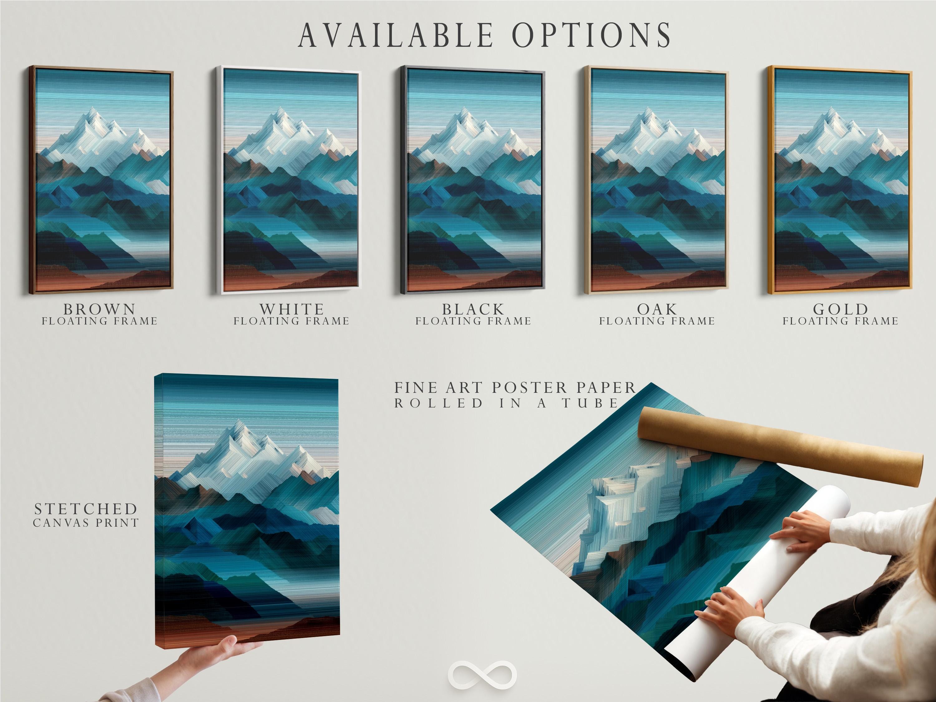 Abstract geometric mountainscape artwork with teal, navy and white peaks detail view