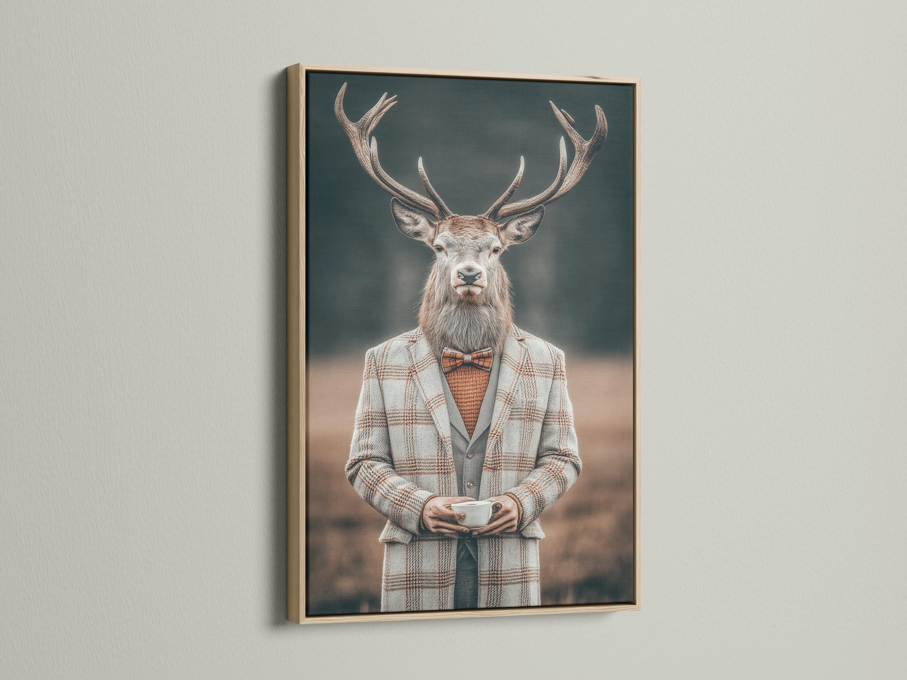 Gentleman deer portrait with antlers wearing a grey plaid suit, bow tie and holding a cup detail view
