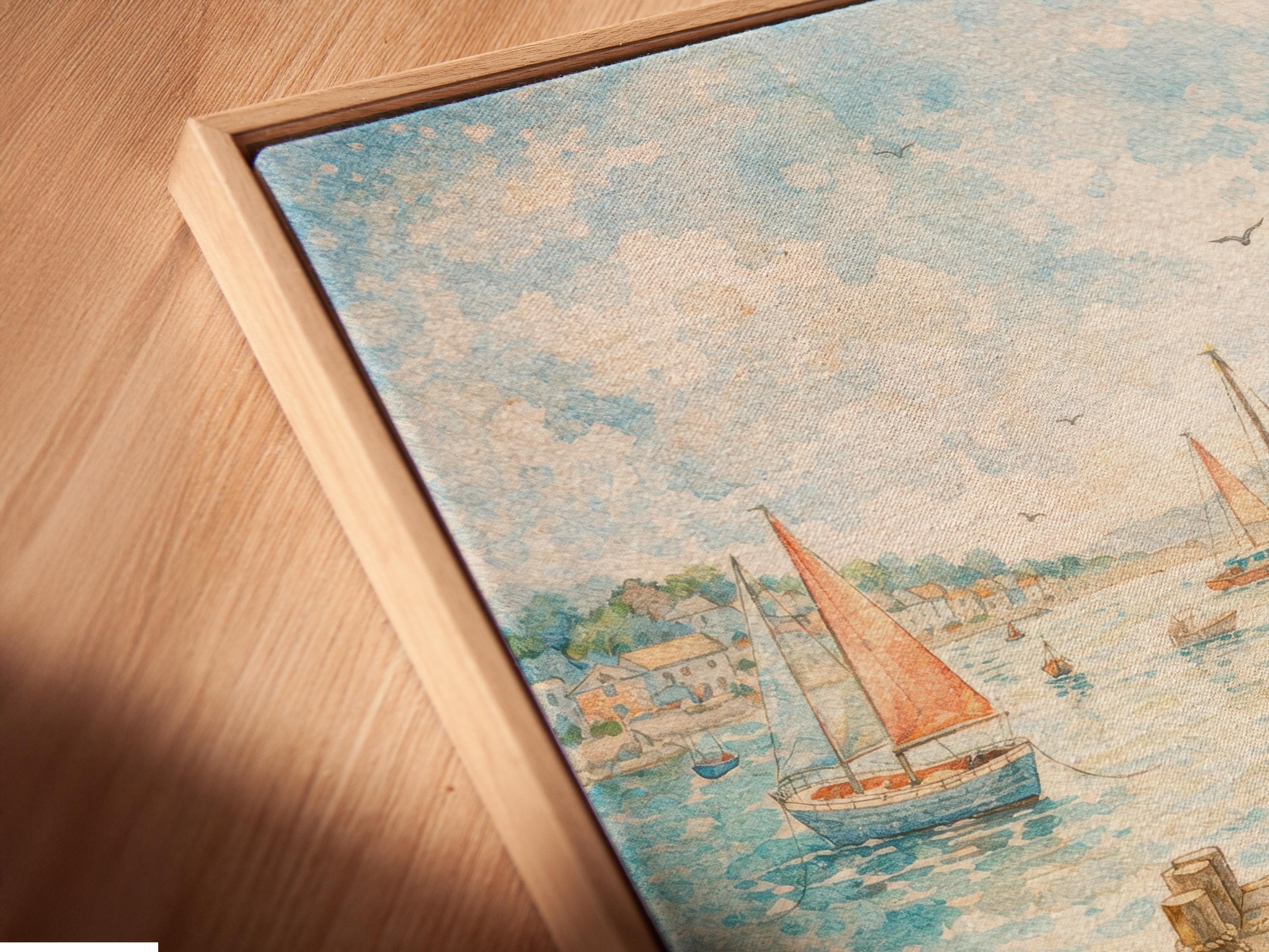 Watercolour-style harbour scene with a pier, sailboats, distant town buildings, and birds in the sky detail view