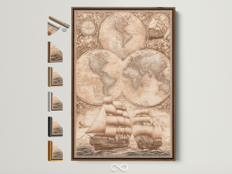 Sepia antique world map with compass circle and sailing ships on waves