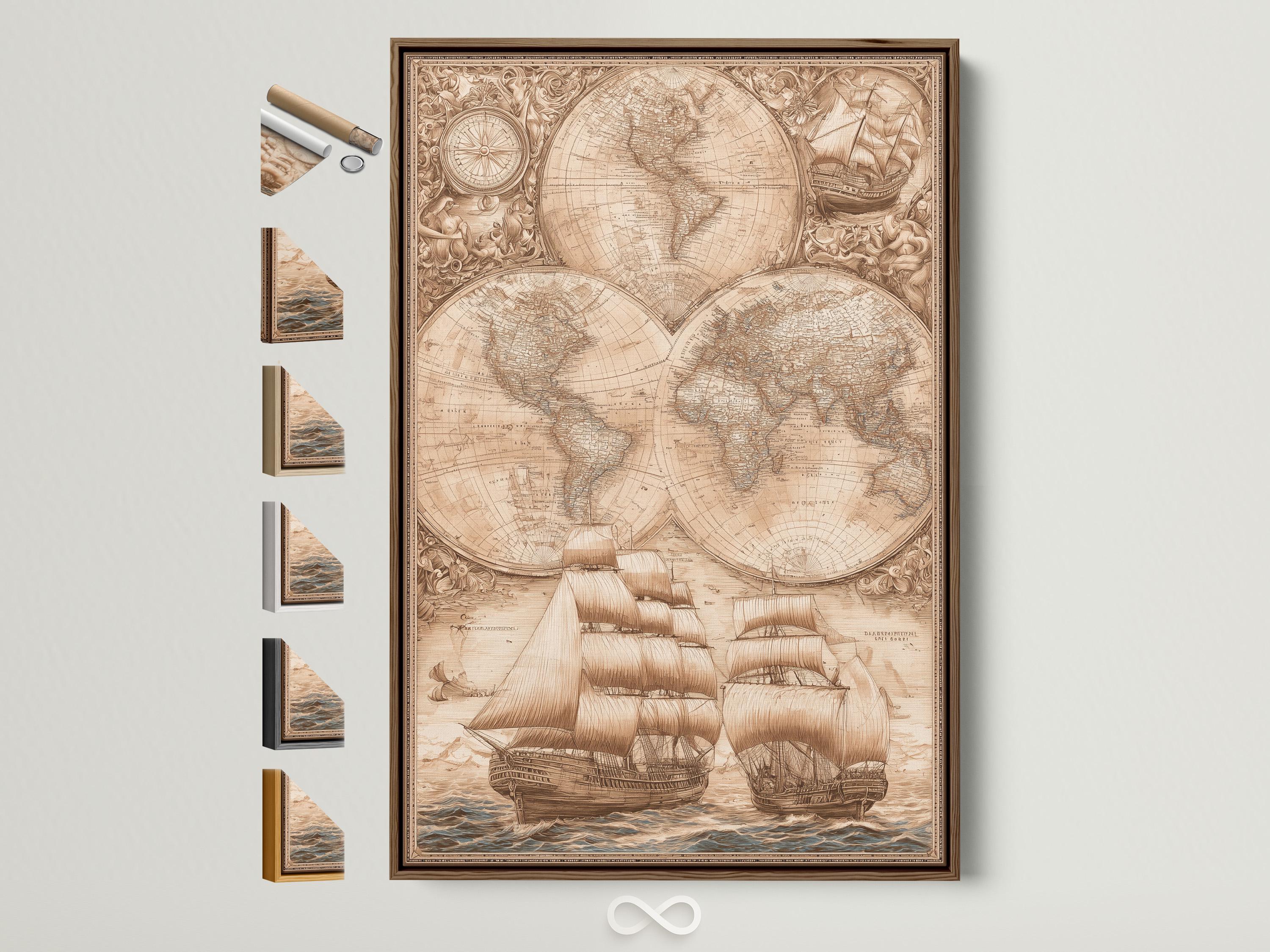 Sepia antique world map with compass circle and sailing ships on waves