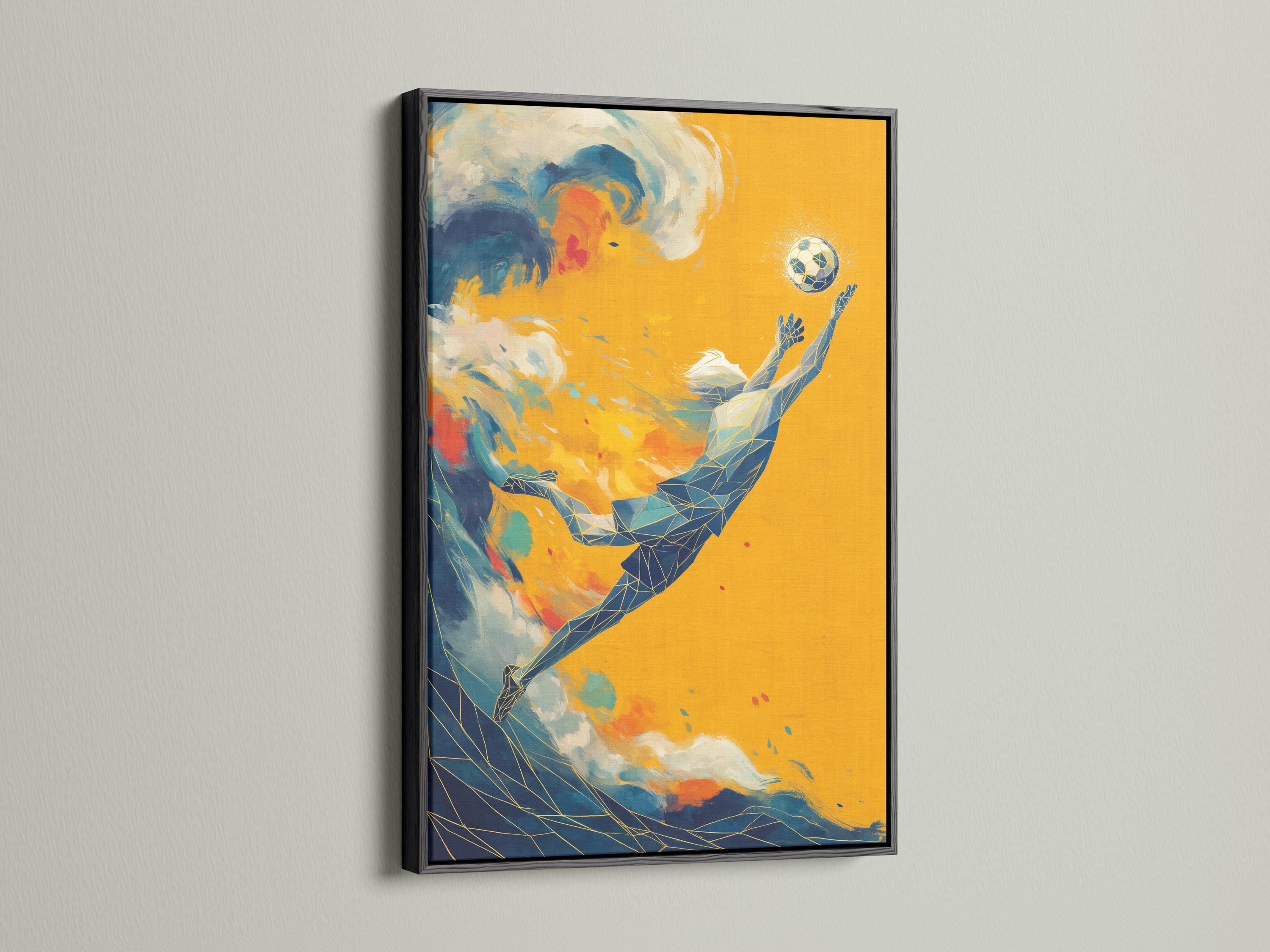 Geometric soccer player wall artwork shown in a framed mockup on a light wall