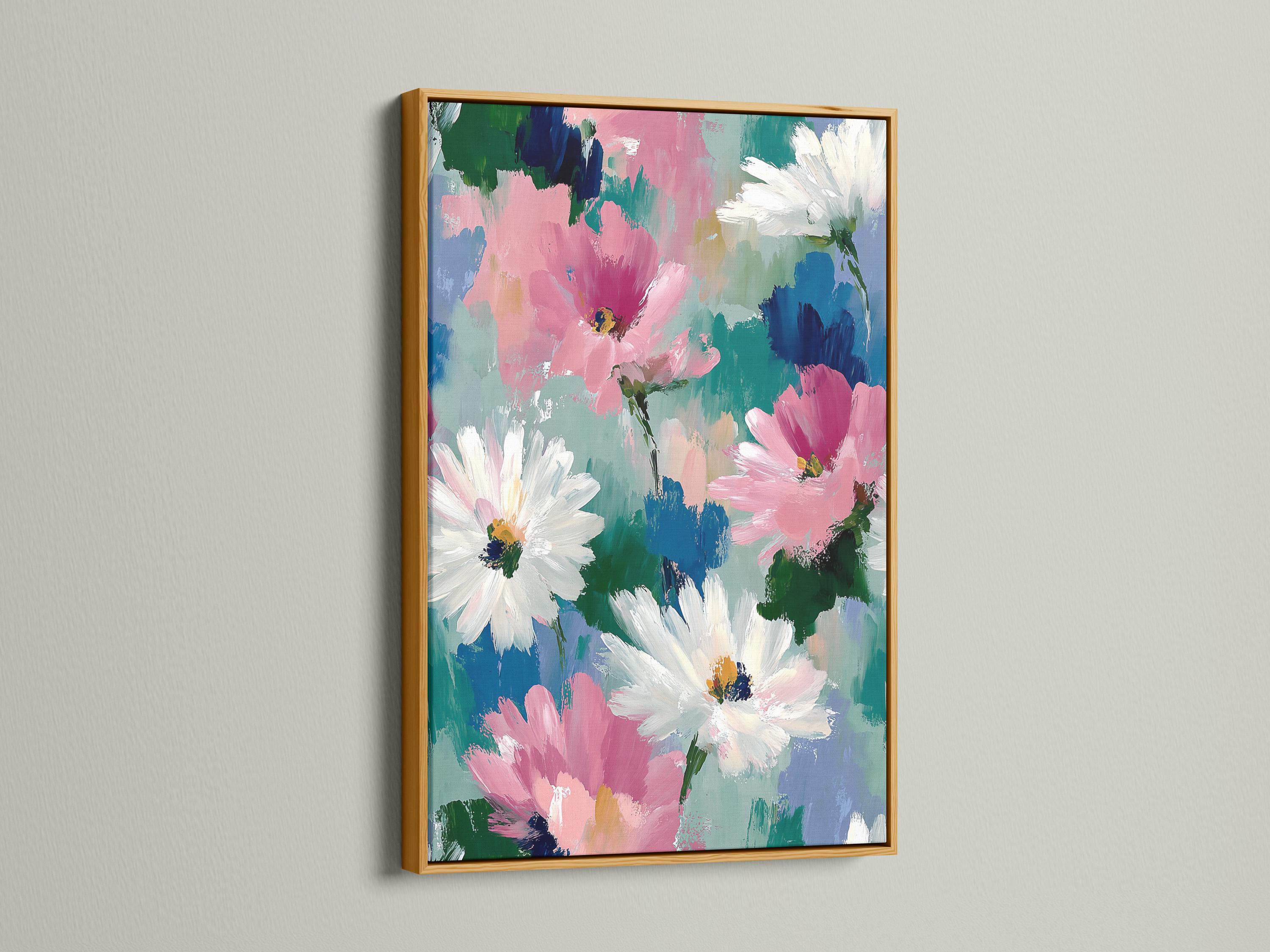 Abstract floral painting with pink and white daisy-like flowers, teal and blue background, and green stems detail view