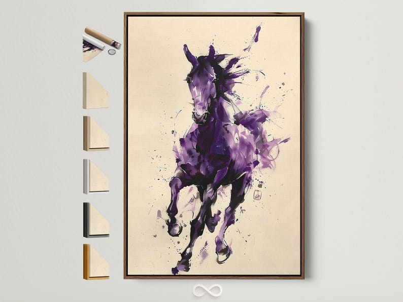 Abstract purple horse illustration with splatter marks on a cream background