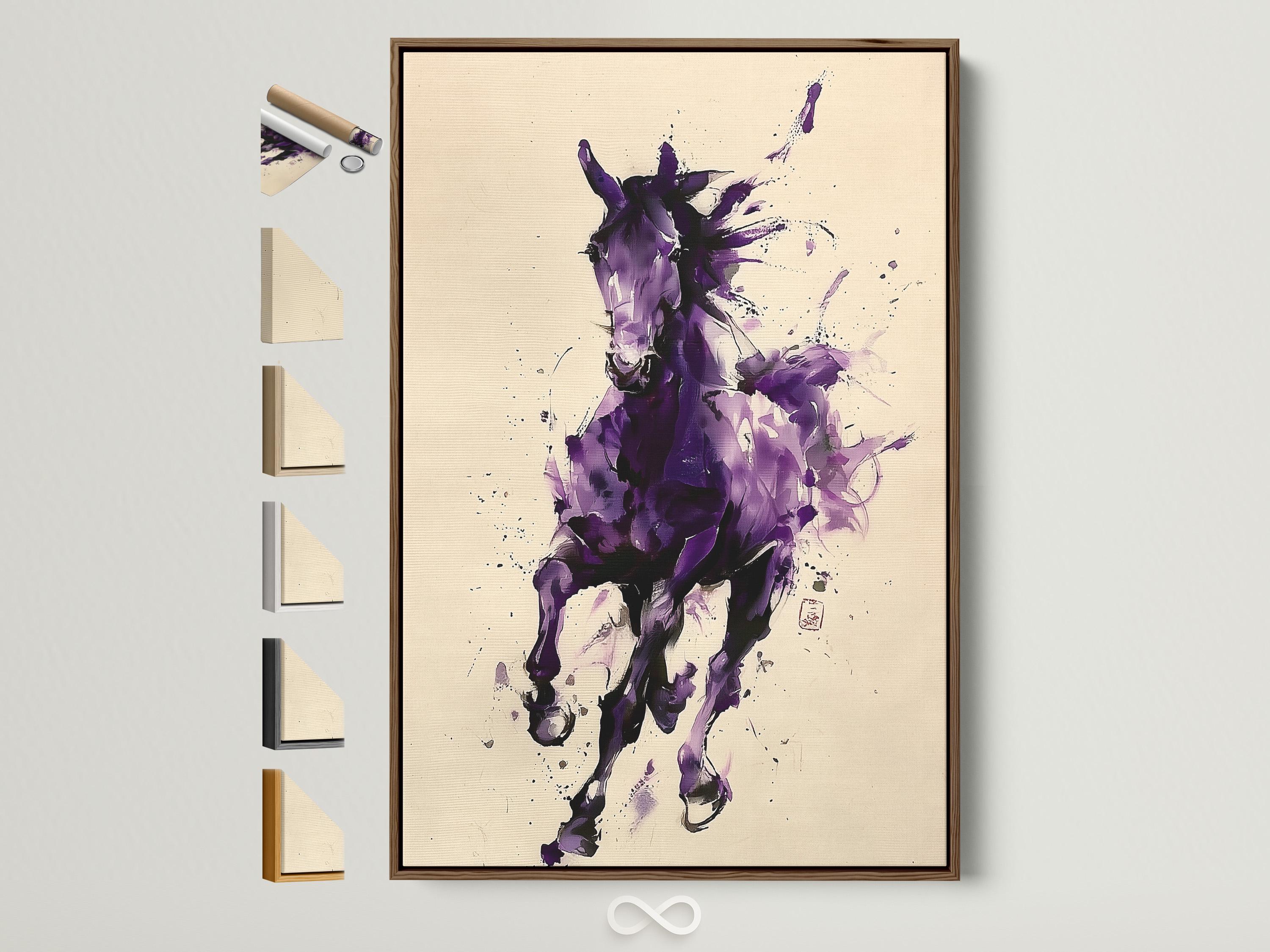 Abstract purple horse illustration with splatter marks on a cream background