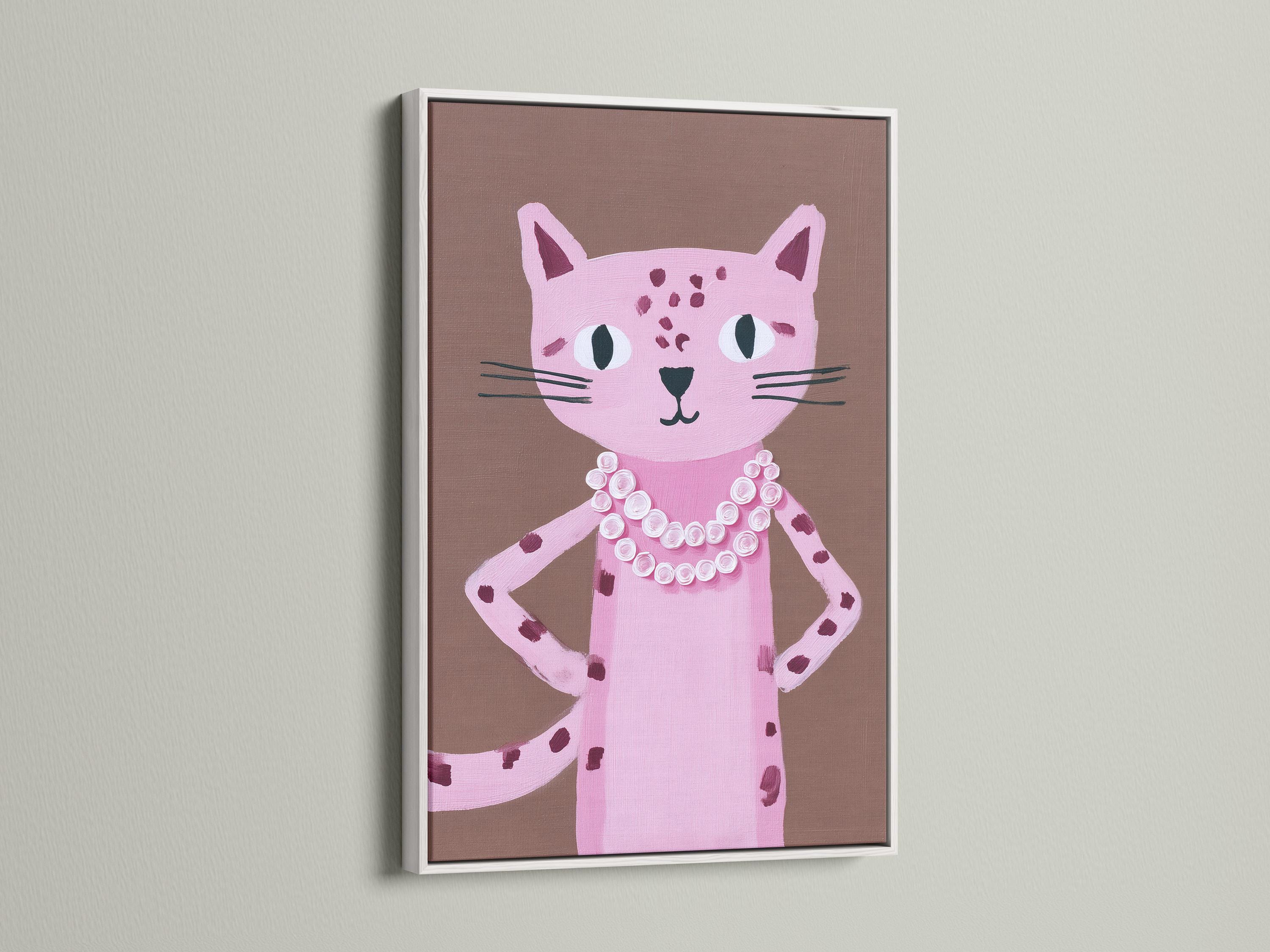 Portrait of a pink cat with large eyes and a white and pink rosette collar on a taupe background detail view