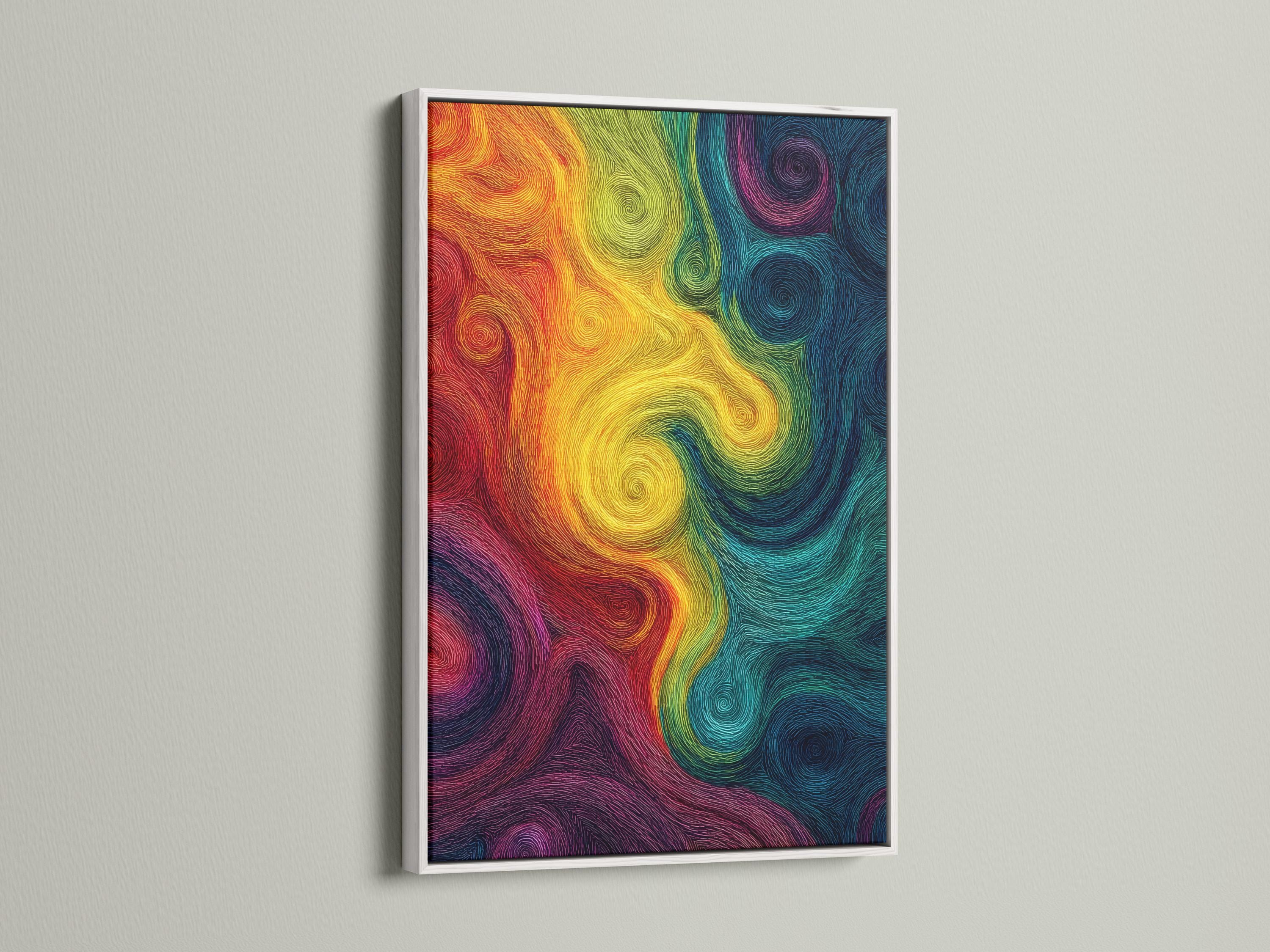 Rainbow abstract artwork with concentric swirling line patterns and a psychedelic spiral design detail view