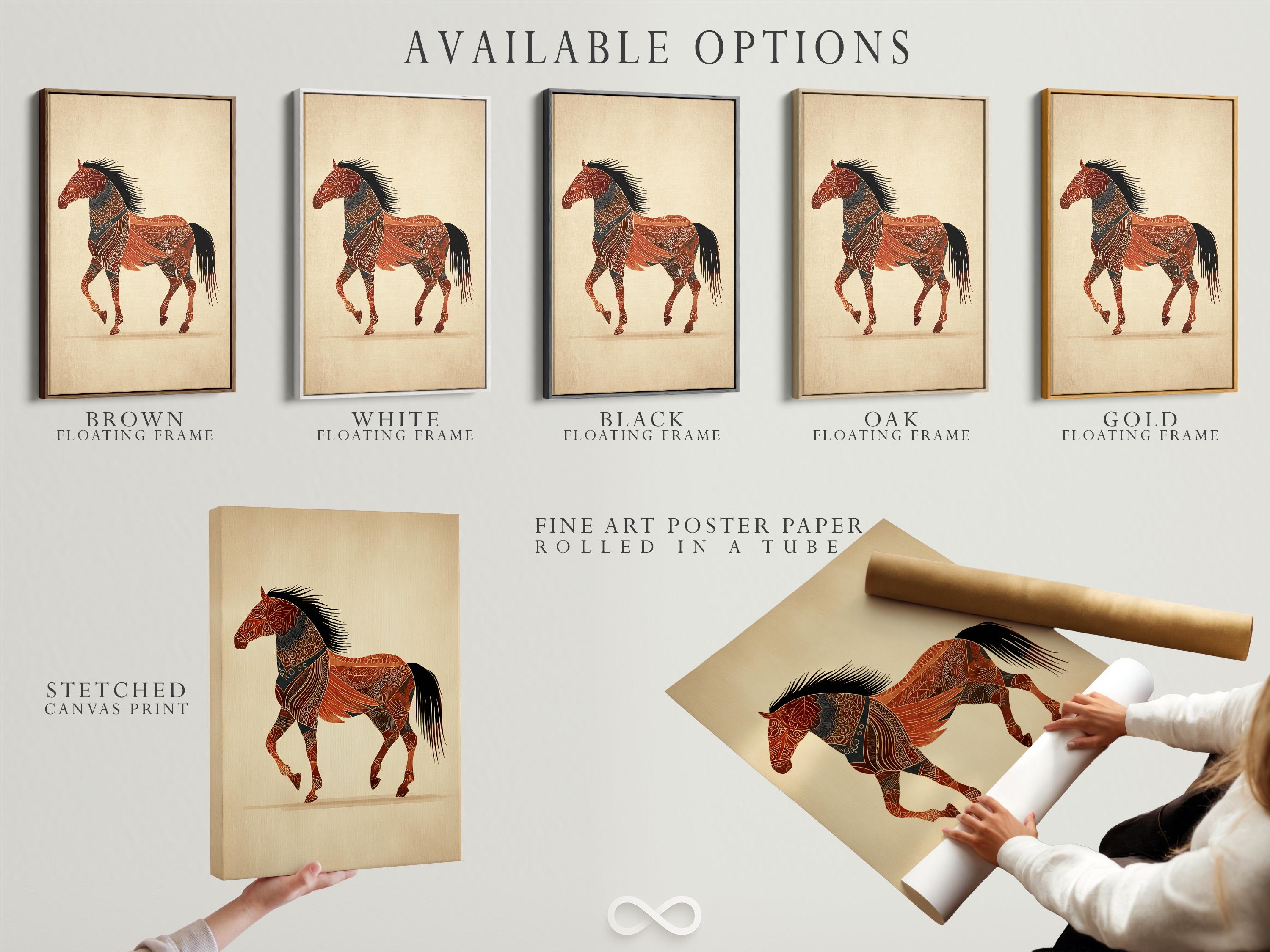 Stylised horse with ornate red-brown patterns, bold black mane and tail on a beige background detail view