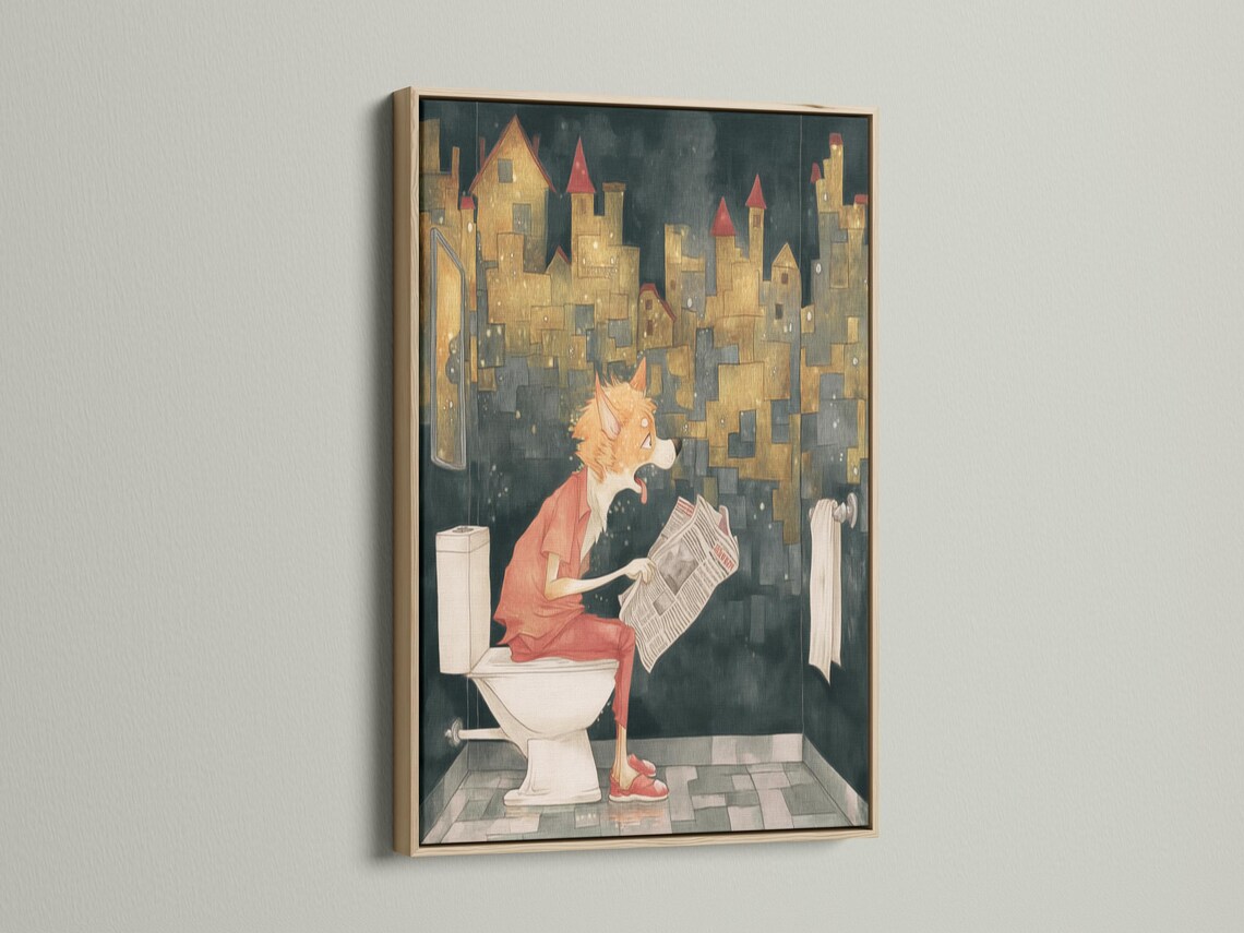 Orange fox reading a newspaper while seated on a white toilet with a moody cityscape background detail view