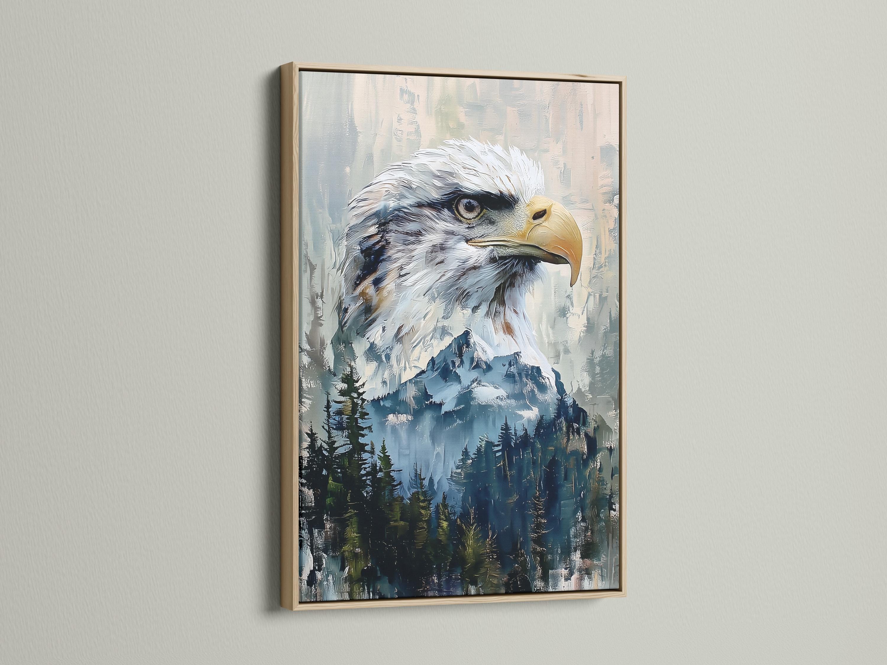 A framed eagle artwork on a wall with several framed mockups beside it
