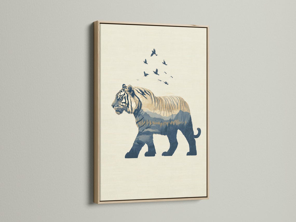 Minimalist tiger silhouette in navy with birds in flight above and layered mountains below detail view