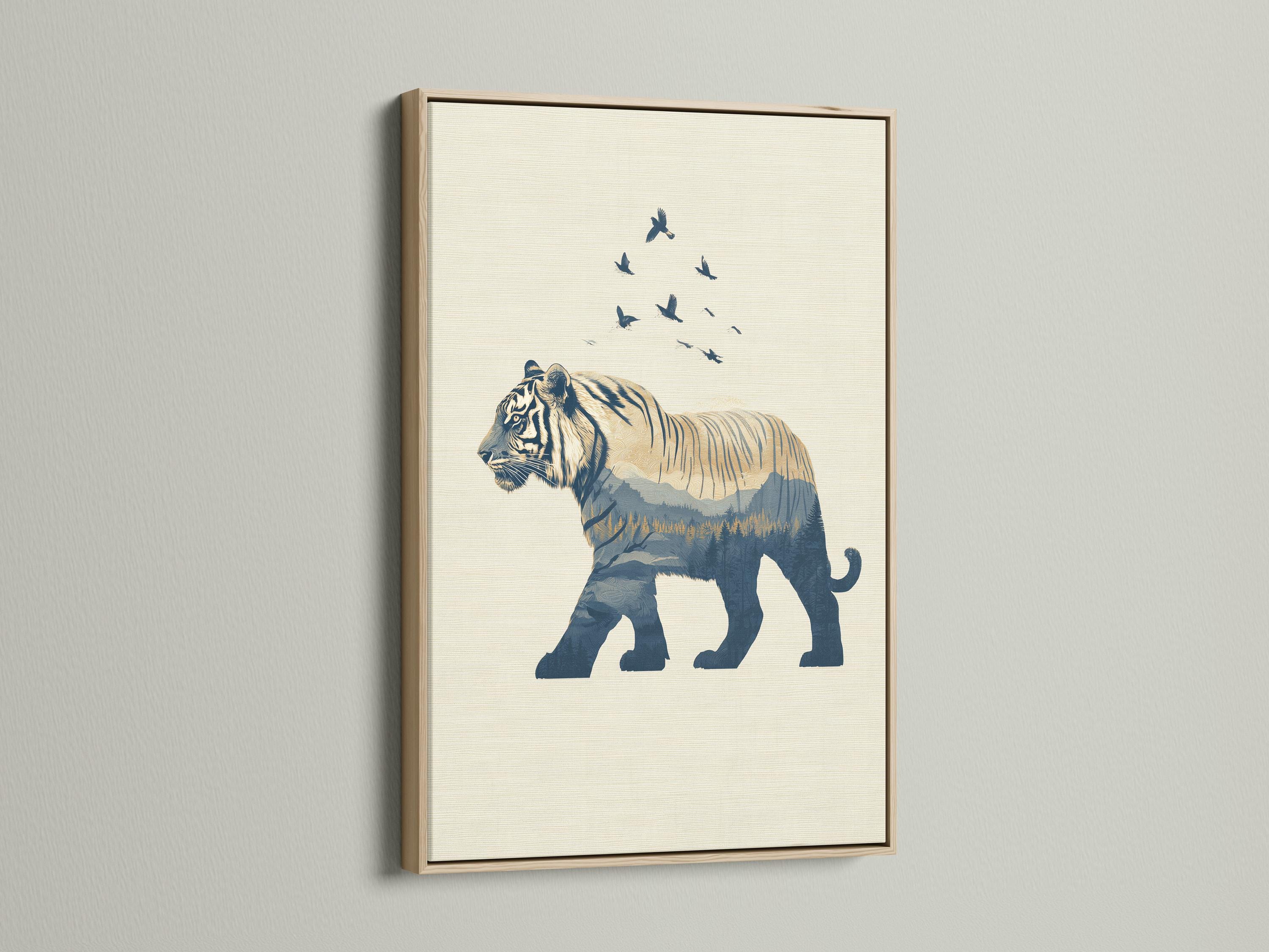 Minimalist tiger silhouette in navy with birds in flight above and layered mountains below detail view