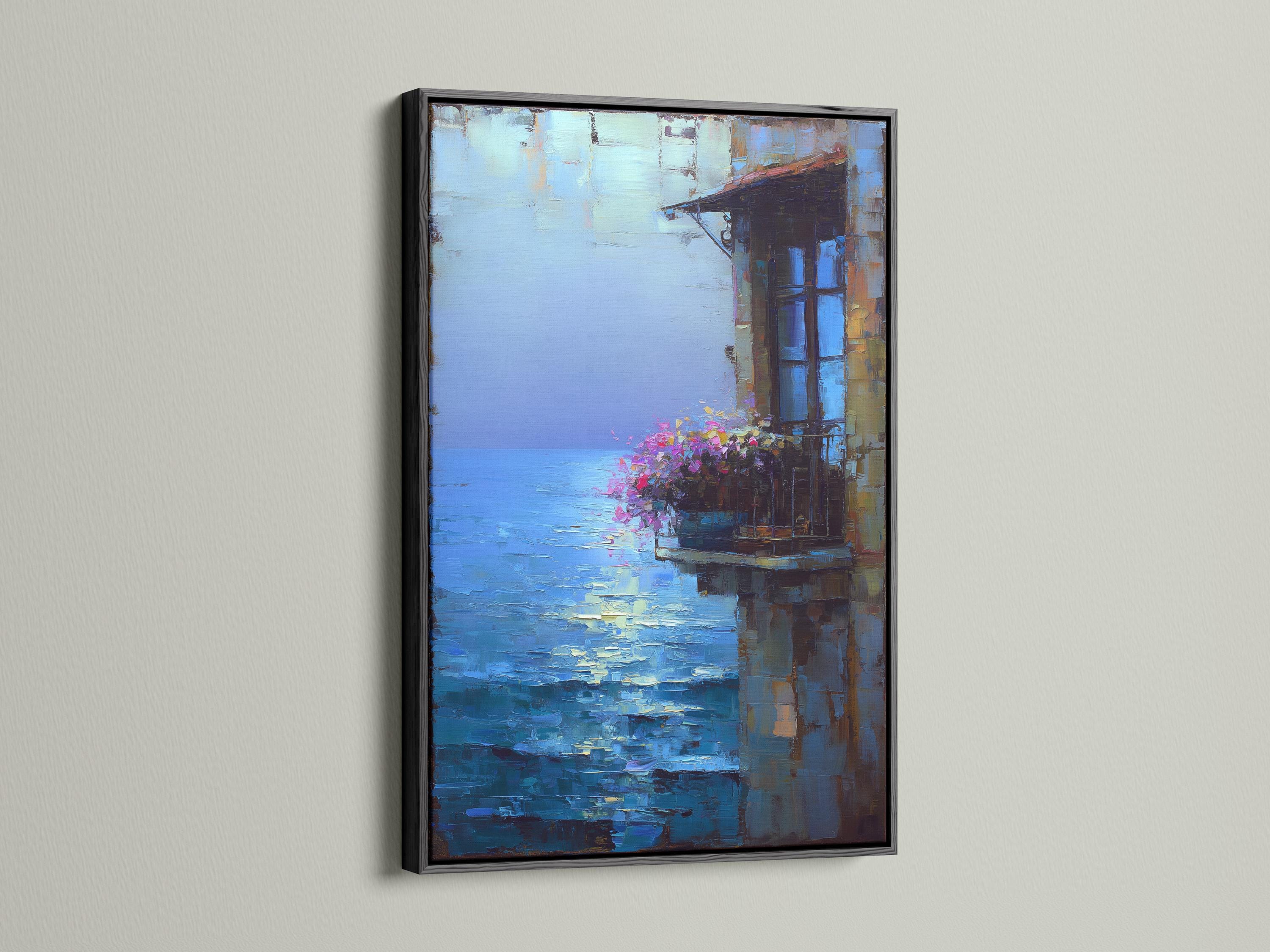 Room mockup showing a framed blue seascape artwork with pink flowers