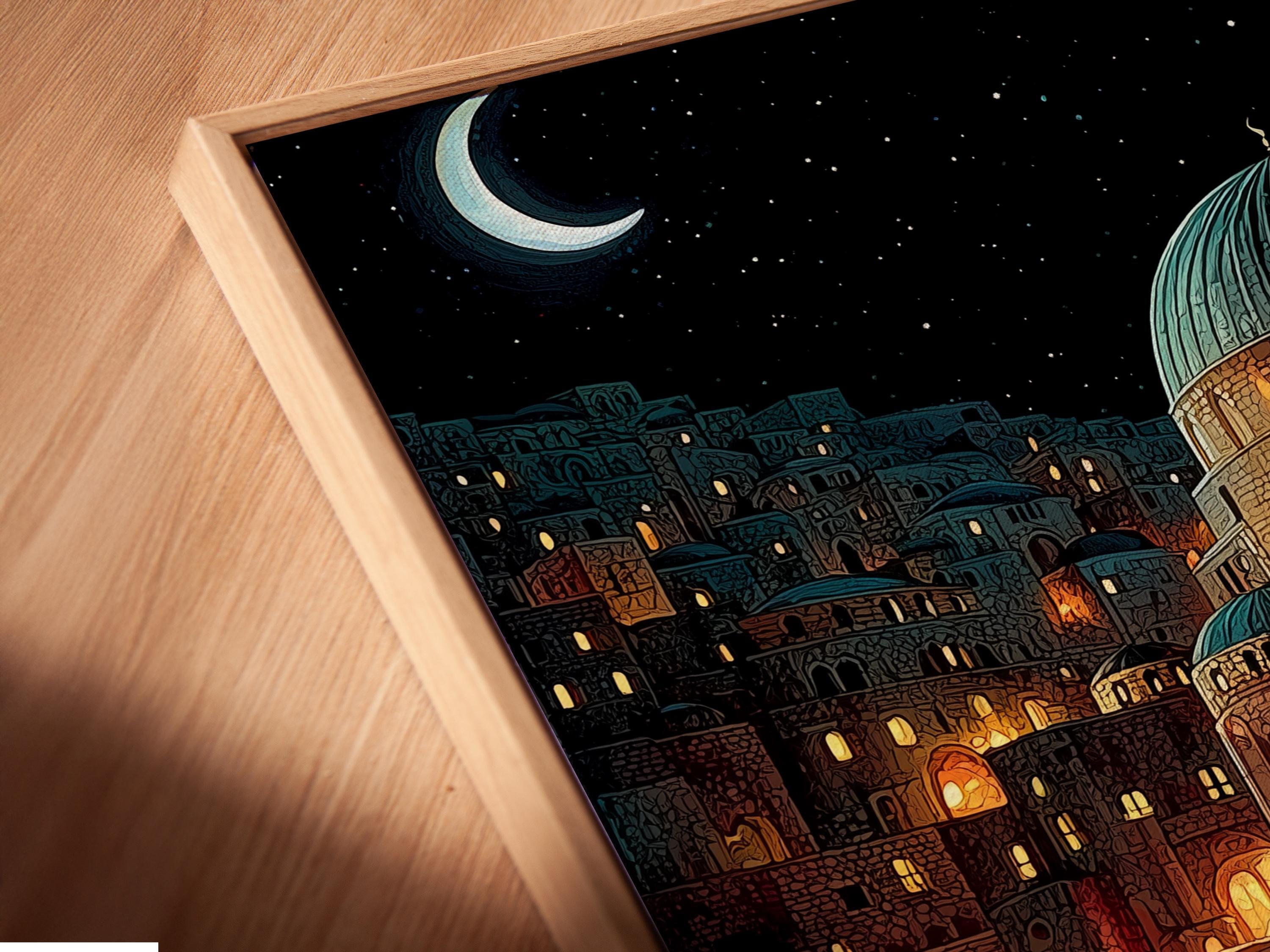 Night scene illustration of a mosque with glowing windows, crescent moon, stars and water reflections detail view